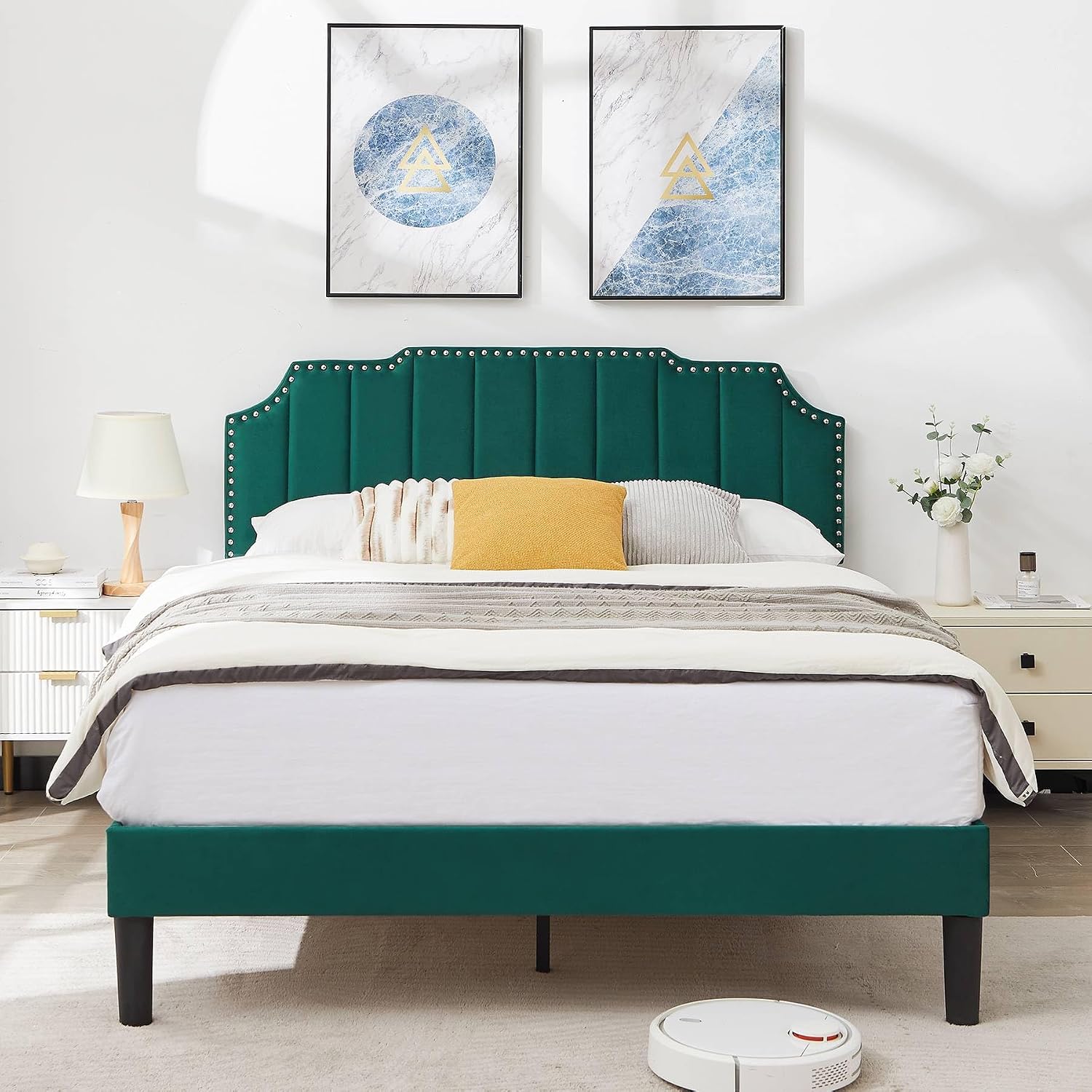 VECELO Full Size Velvet Upholstered Platform Bed Frame with Nailhead Trim,Tufted Height Adjustable Headboard,Full Bed with Wooden Slats/Mattress Foundatio/No Box Spring Needed/Under Bed Storage
