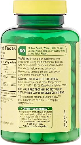 Miniatura 9 de Spring Valley Calcio Plus Vitamina D3 150 Mini cápsulas blandas | Suplemento de calcio | Mini cápsulas blandas de calcio | Calcio 600 mg con