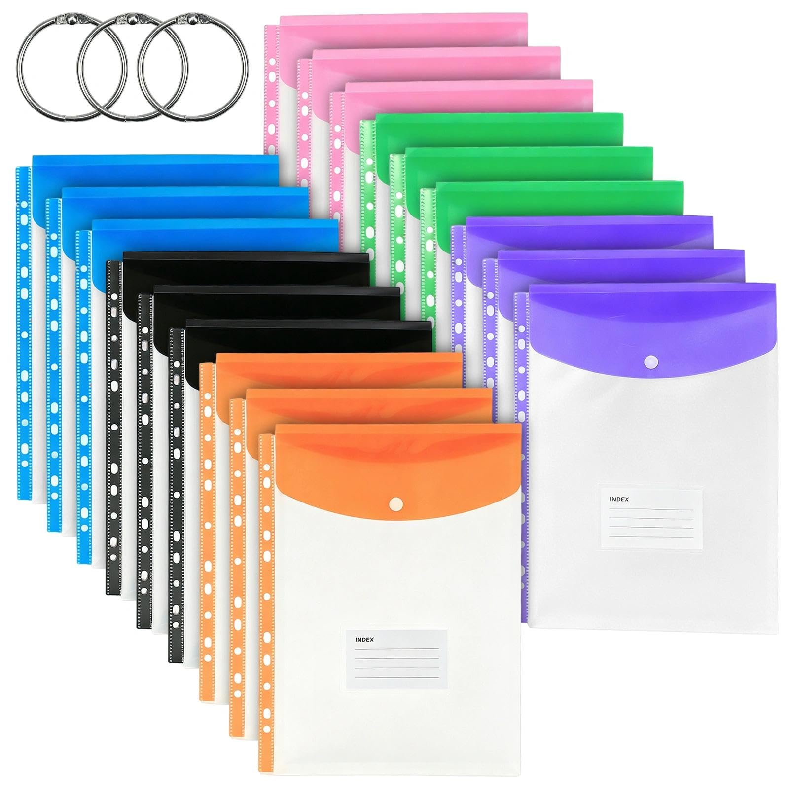 18 Pack A4 Plastic Wallets, 11 Holes Punched Pockets with Button Tab Card, Waterproof Expandable Binder Pockets, Large Capacity Binder Pocket for School, Home, Office, Trave, 6 Colors