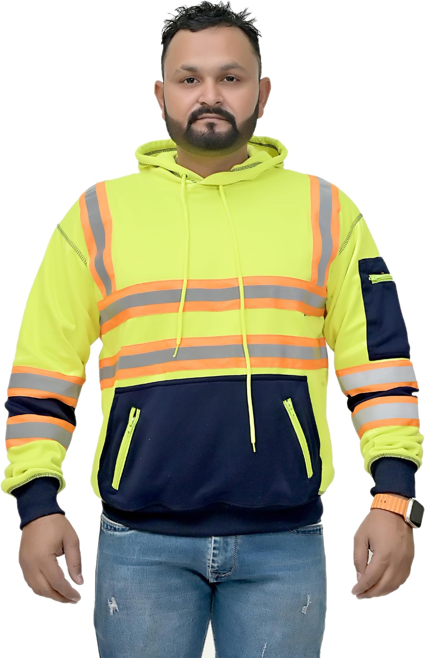 – RF Mens High Visibility Pullover Sweatshirt with Reflective Tape, Contrast Pocket, Black/Yellow, Large