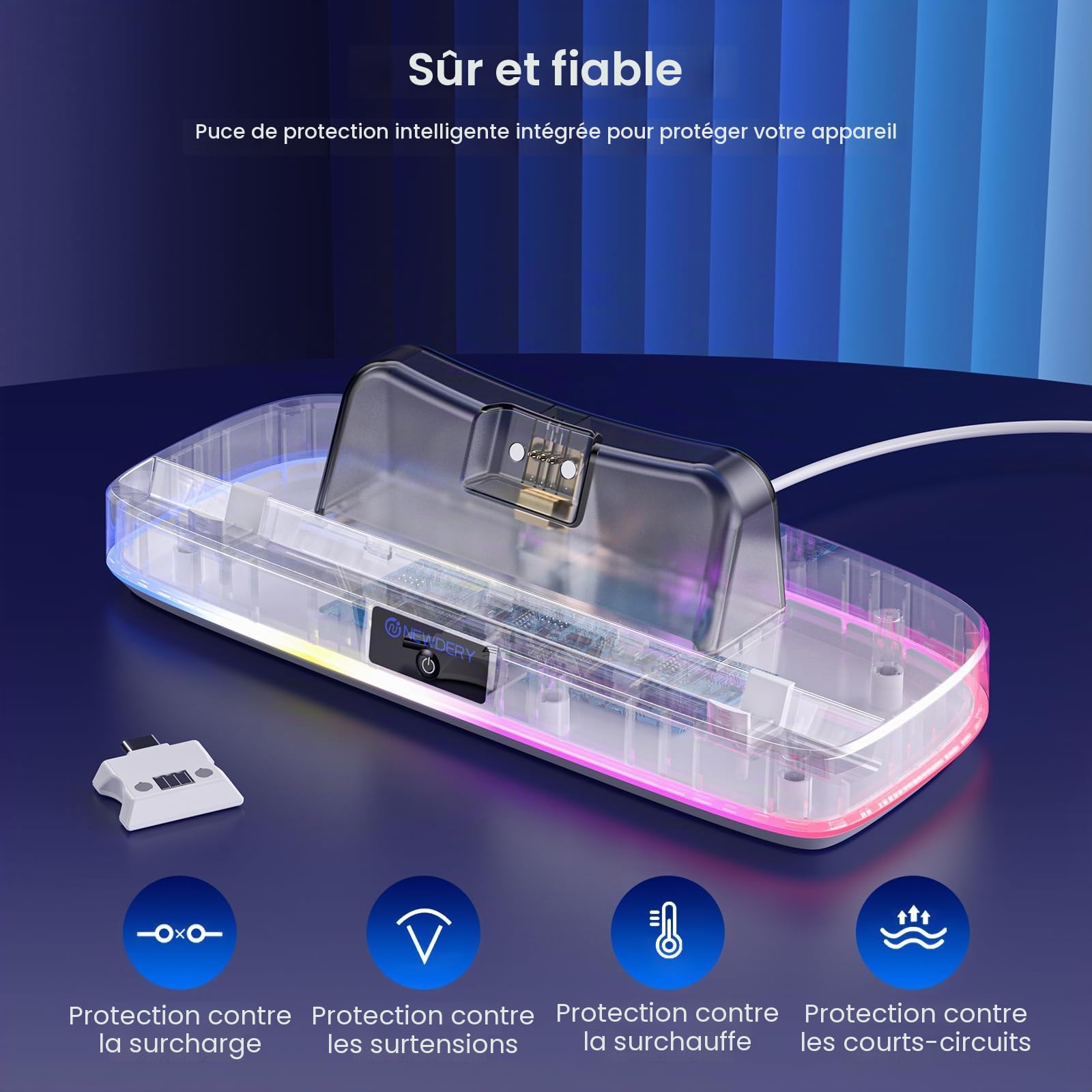 NEWDERY Station de Charge Compatible avec Les étuis pour PS Portal | Station de charge magnétique USB-C avec 9 modes d'éclairage RVB, compatible avec le lecteur distant PlayStation Portal, blanc