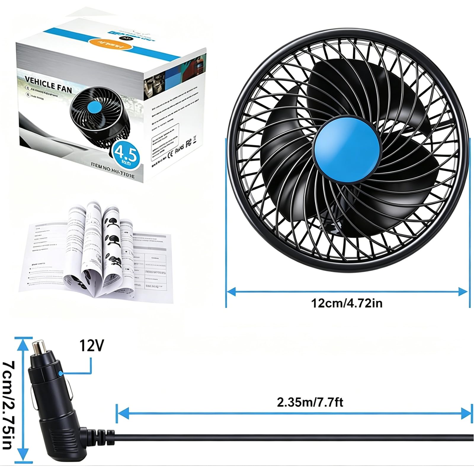 Ventilador Coche 12V con Ventosa, Velocidad Continua, Enfriamiento 360° Ajustable, Ventilador Eléctrico Silencioso 4.5" para Camiones, Furgonetas, SUV, Autocaravanas, ATV y Barcos