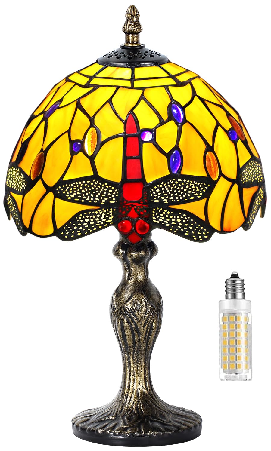 Tiffany lampa stołowa w stylu vintage, ręcznie wykonana, witrażowa, abażur, lampy stołowe, do sypialni, na stolik nocny, do gabinetu, biura (pomarańczowa libelka)