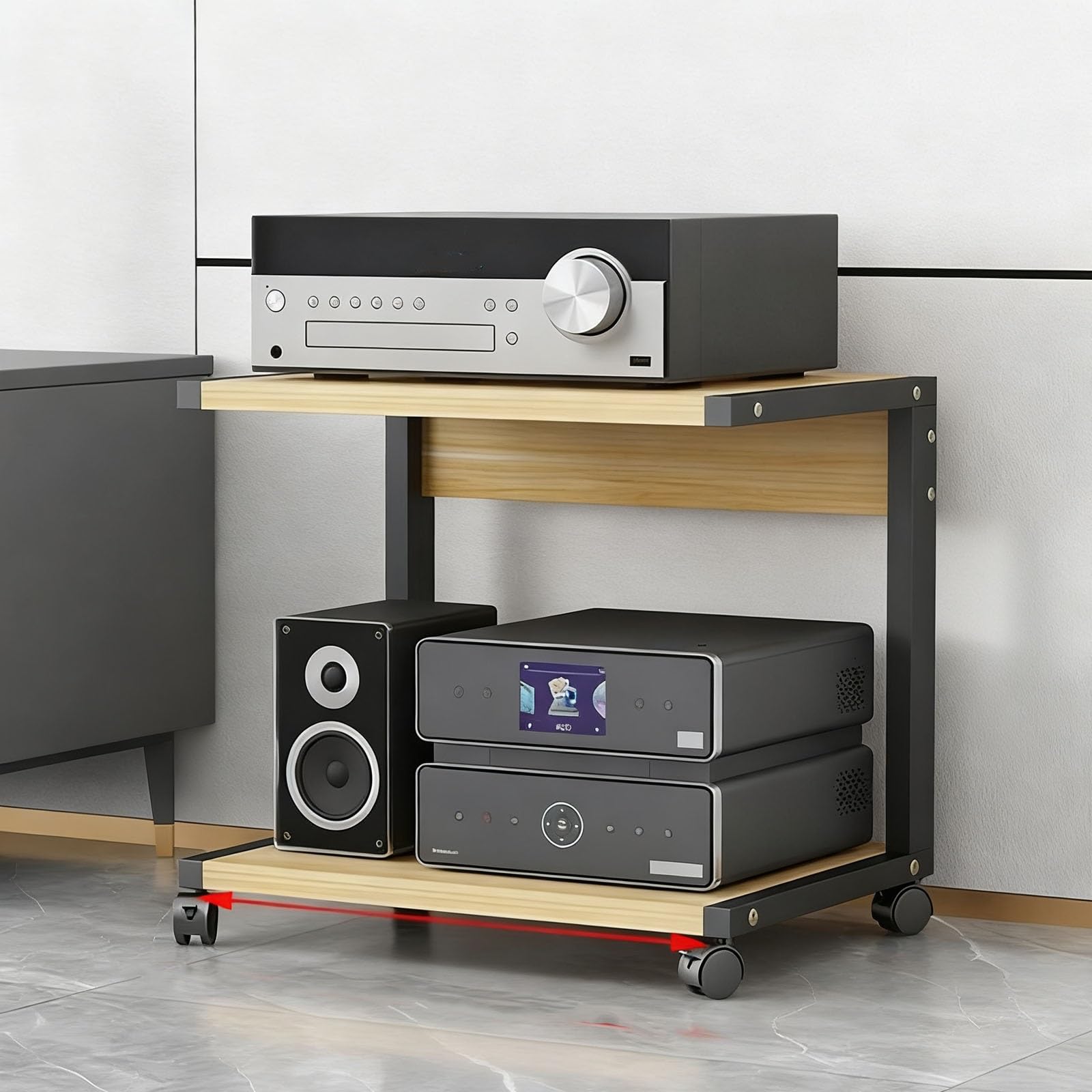Soporte de 2 niveles para videojuegos con ruedas, estante independiente para TV, reproductor de DVD, CD, audio HiFi, almacenamiento móvil (B, 50 x 40 x 60 cm)