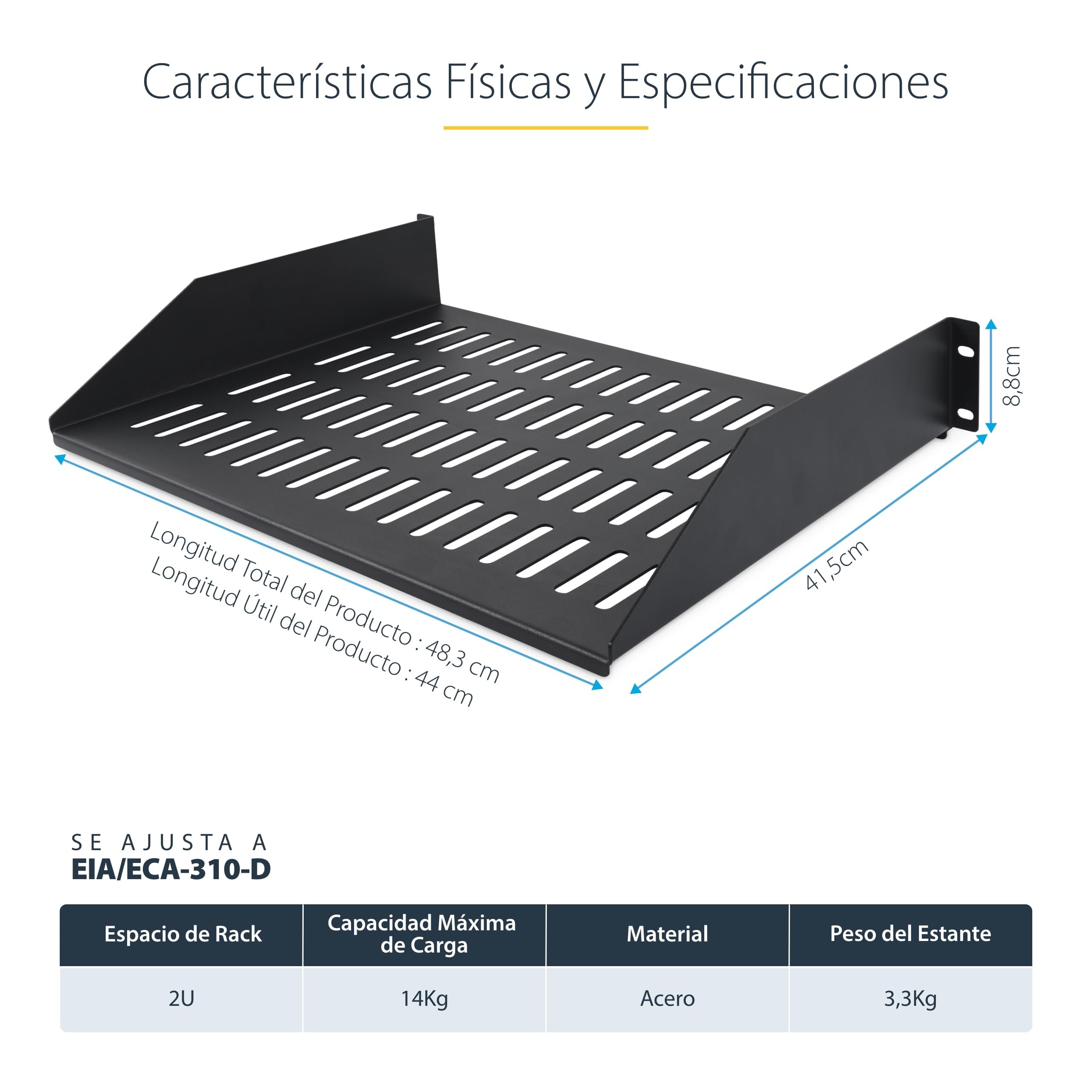 StarTech.com Estante 2U Ventilado Voladizo para Rack - Bandeja para Rack - Profundidad de Montaje 40,64cm - 20kg