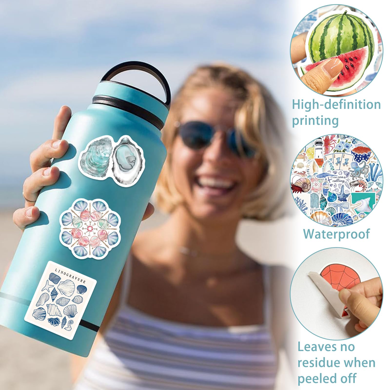 100 szt. naklejek z niebieskim oceanem, naklejka przybrzeżna, plaża lato ocean motyw wodoodporne naklejki winylowe, naklejki o tematyce przybrzeżnej, do scrapbookingu, butelek z wodą, laptopów