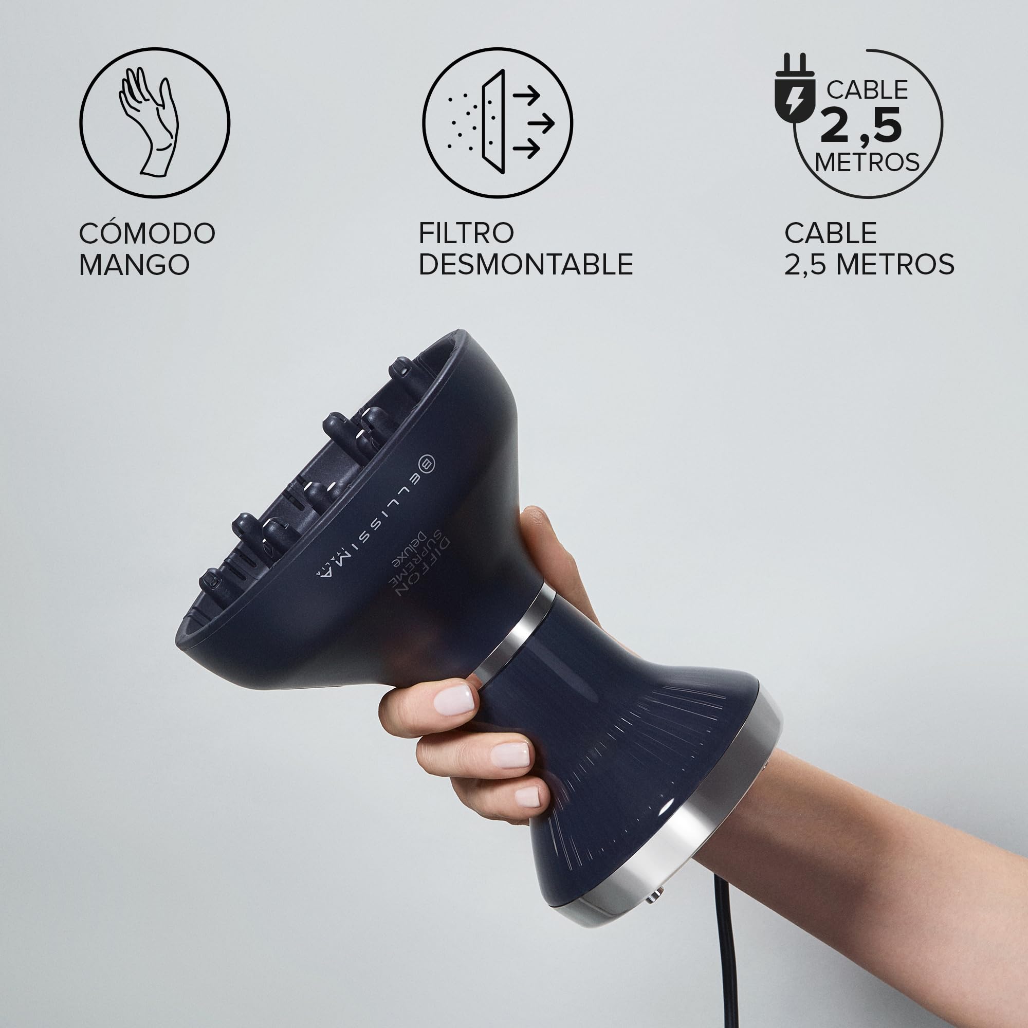 Bellissima Diffon Supreme Deluxe, Difusor de Aire Caliente para Cabello Rizado, Tecnología Cerámica y Queratina, Difusor XL, 3 Temperaturas y Ionizador, Secado Suave, bolsa de belleza, Negro Y Plata