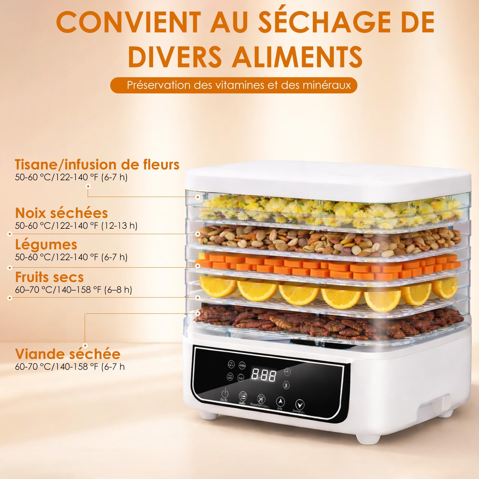 Déshydrateur Alimentaire, Déshydrateur à 5 Plateaux Réglables en Hauteur, Contrôle de Température de 35 à 70°C et Minuterie de 72 Heures, Déshydrateur pour Fruits et Légumes, Sans BPA