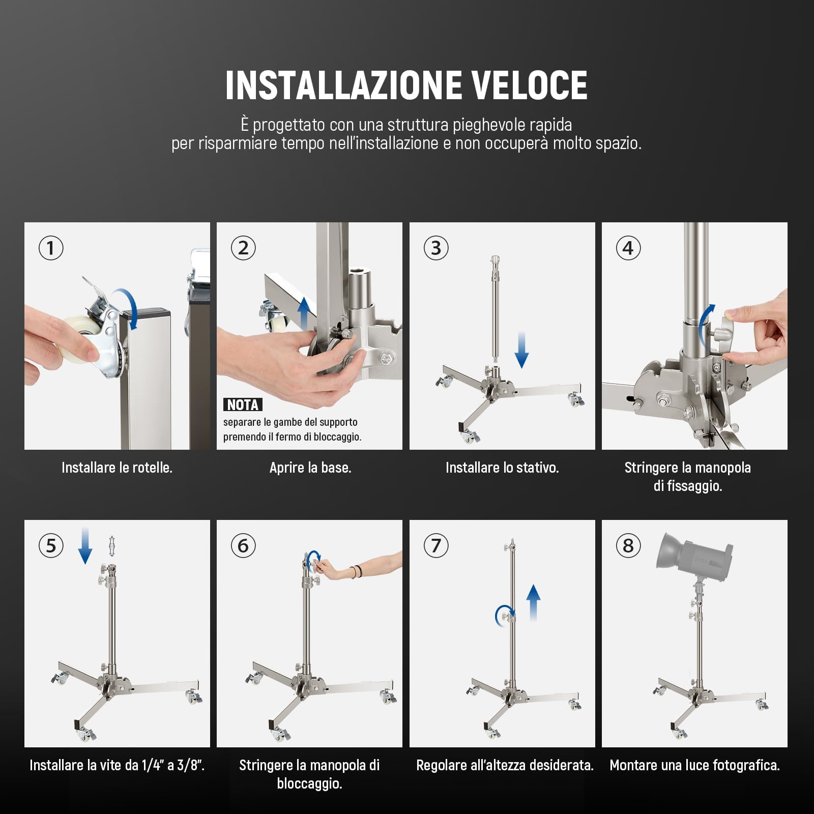 NEEWER Stativo Luce Resistente con Ruote, Altezza Max 98cm, Stativo Treppiede Pieghevole e Regolabile in Acciaio Inossidabile, Stativo Fotografico per Speedlight Softbox Monoluce, Carico 10kg, ST98SS