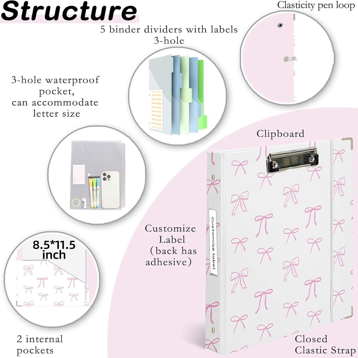 3 Ring Binder 1 inch with Clipboard - White & Pink Bow Design, Includes Dividers, File Bag & Spine Label - Classic and Elegant for School or Work, Holographic Waterproof Film - Image 2