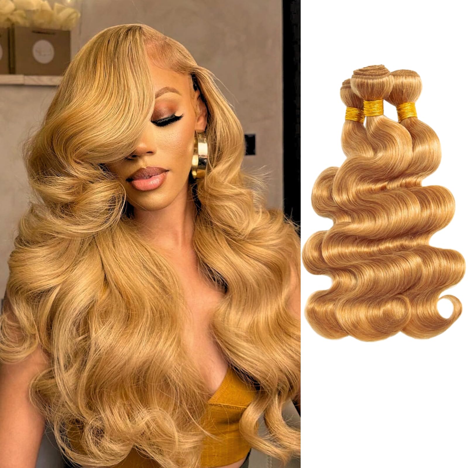 12A Color #27 Sun-kissed Vibe Golden Blonde Colored Human Hair Wavy Bundles 14 16 18 Inch
