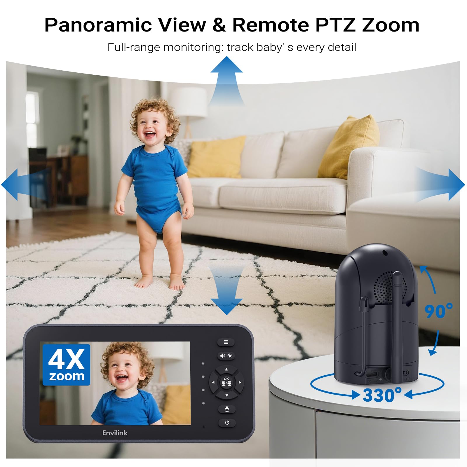 Baby monitor video 720P con fotocamera e audio, schermo da 5 pollici, senza Wi-Fi o modalità app per smartphone gratuita, telecamera Pan/Tilt/Zoom, ninne nanne, promemoria di alimentazione, visione