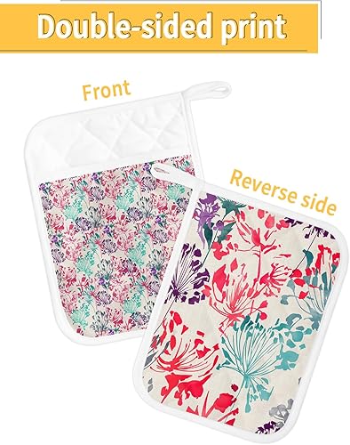 Miniatura 2 de Colorful Flower 2Pcs Pot Holders for Kitchen,Non Slip & Heat Insulation Terry Cloth Potholder Set with Pocket,Thick Hot Pad Oven Mitts Trivet