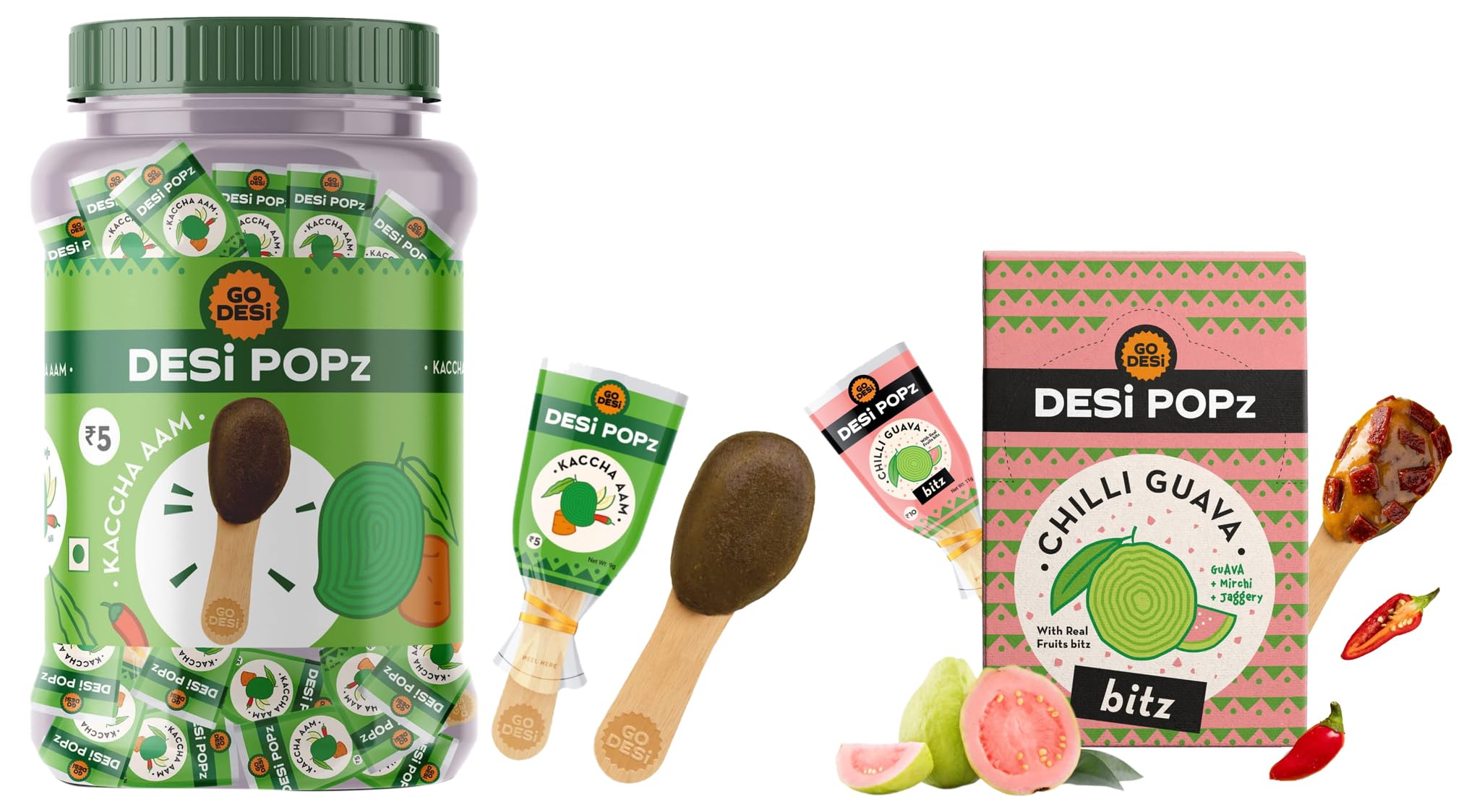 GO DESi Popz Kaccha Aam | 100 Pieces | Aam Candy | Fruit Snacks | Sour Candies | Lollipop | Raw Mango Candy & GO DESi POPz with Bitz | Chilli Guava | 50 Pcs | Fruit Snacks, 400 gm