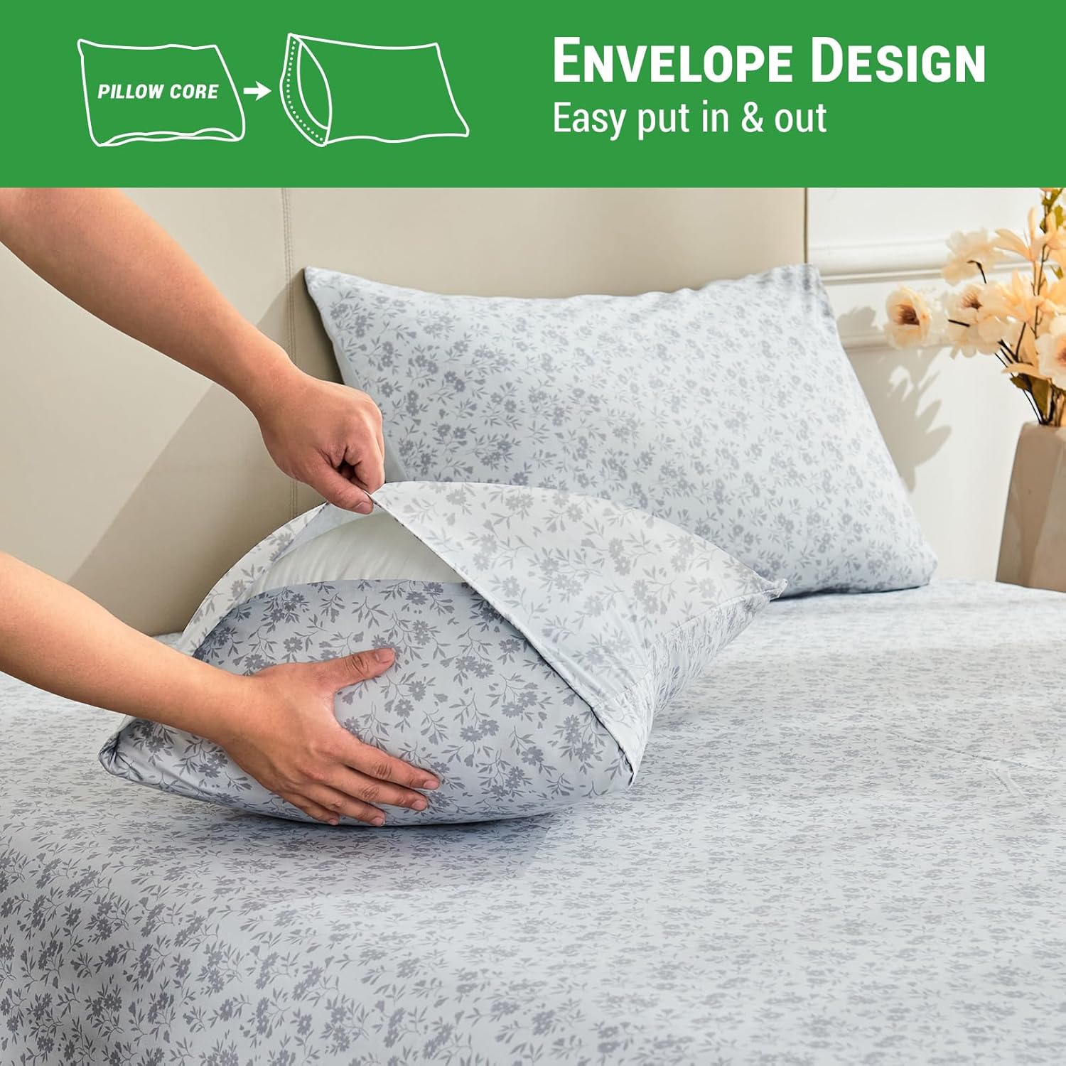 Gogreen 4PC Deep Pocket Queen Sheet Set Fit 16", Breathable Microfiber Soft Queen Size Sheet Set, Hotel Style Bed Sheet Set, Gift for Women, Men - Gray Flower