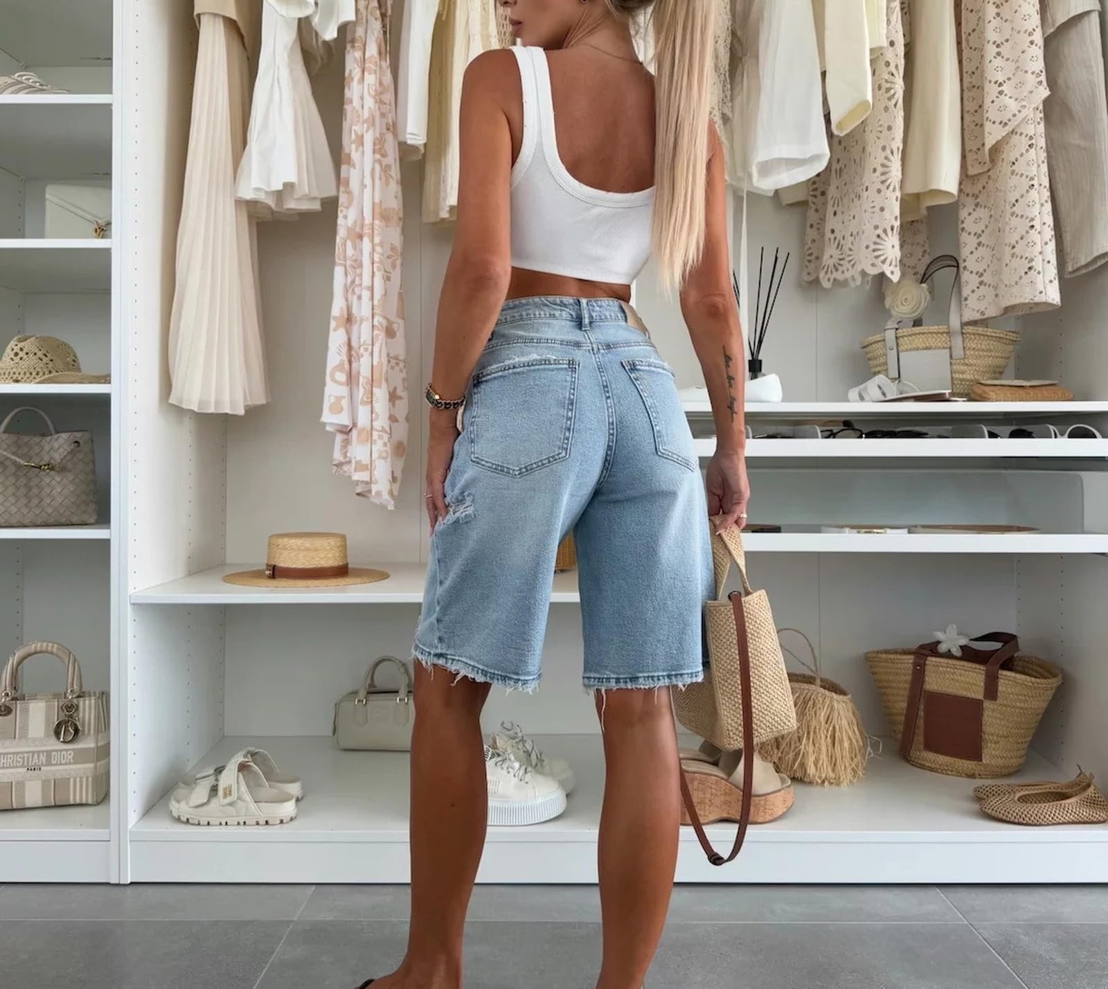 Générique Short en Jean rayé Taille Haute Jean Court Confortable et Ample idéal pour Les Vacances et Le Quotidien pour Femme