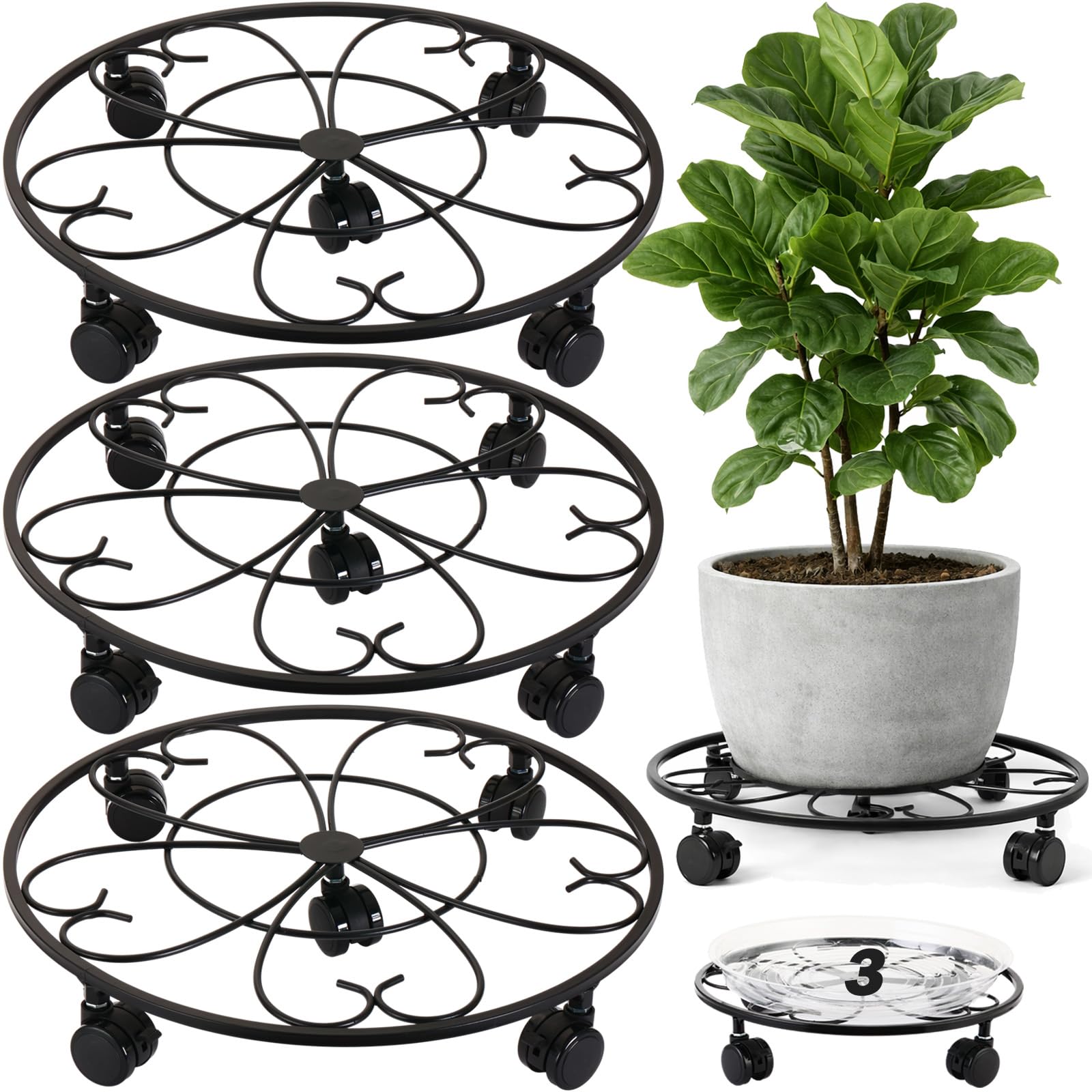 3 Packs 16 inches Large Metal Plant Caddy with Wheels Round Planter Dolly Pot Mover Rollers Wrought Iron Rolling Plant Stands Indoor Outdoor Wheeled Plant Holder Coaster Trolley, Black