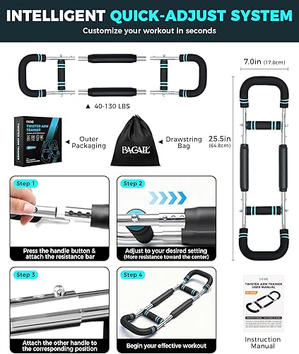 Miniatura 6 de BAGAIL Entrenador de brazo Twister, resistencia de 5 o 9 niveles (30-140 libras) para entrenamiento de pecho y brazos, equipo de entrenamiento de