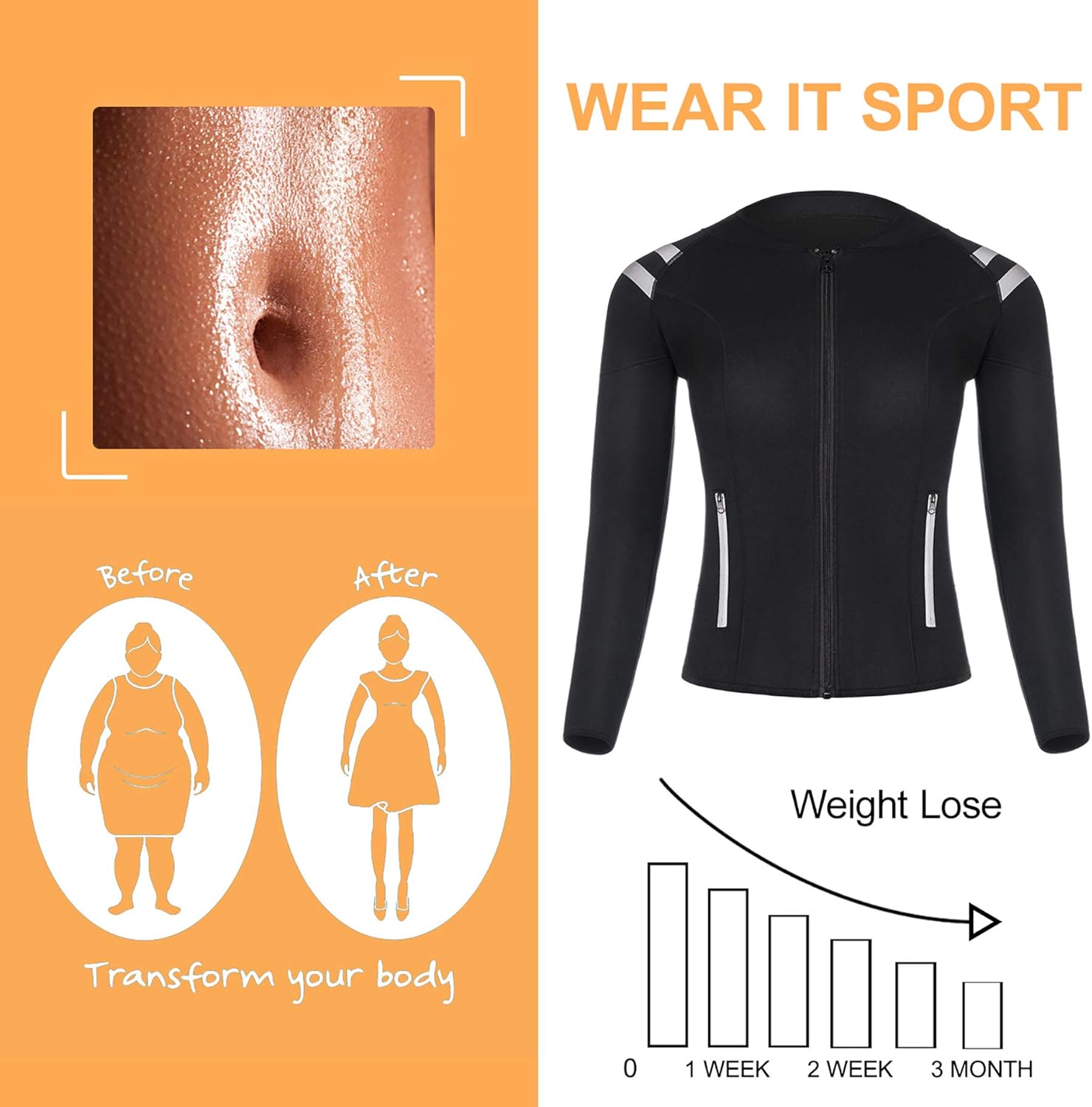 LODAY Womens Neoprene Sauna Body Shaper Suit Hot Sweat Tummy Slimmer Workout Jacket Top Full Zip Up : Clothing, Shoes & Jewelry