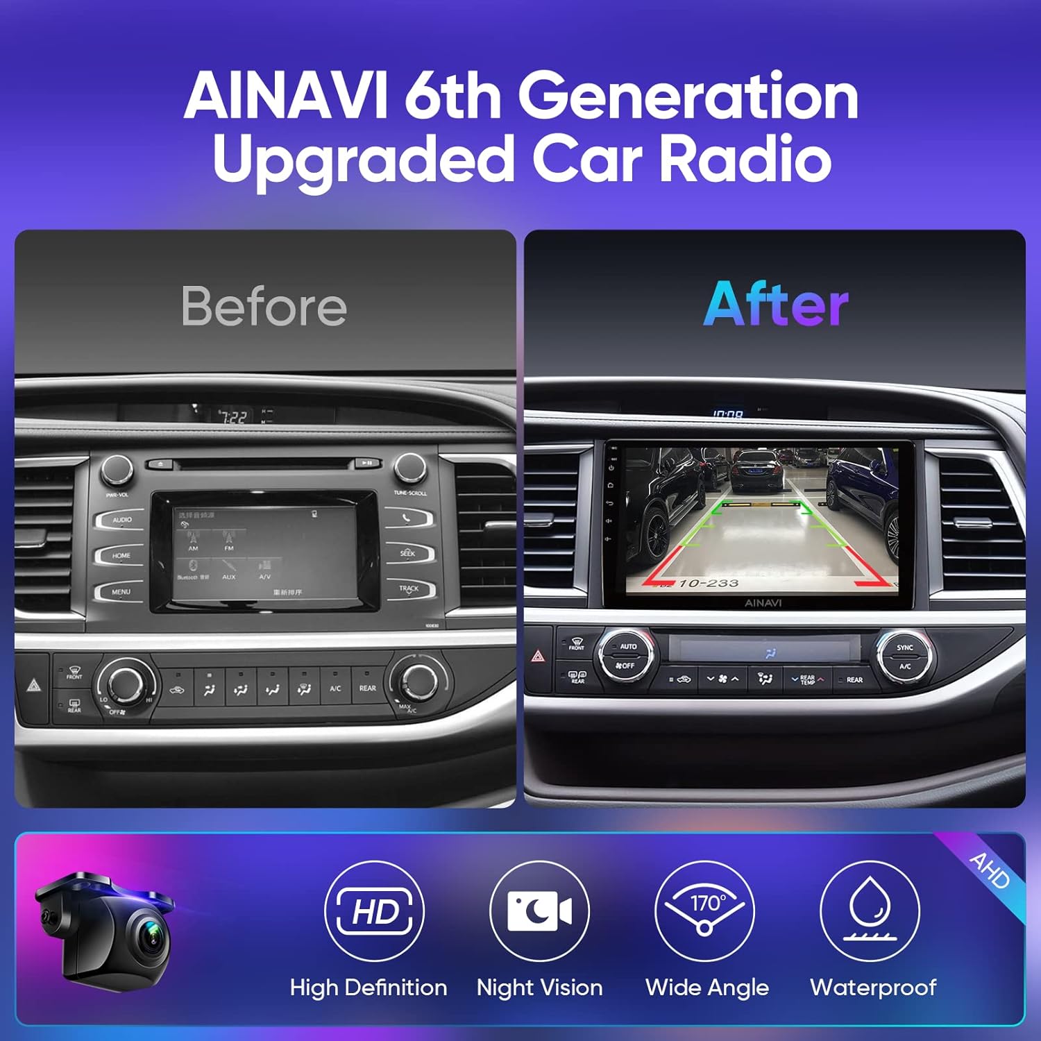 Before and After installation comparison showing the original car stereo and the new AINAVI head unit, along with icons for HD, Night Vision, Wide Angle, and Waterproof AHD camera.