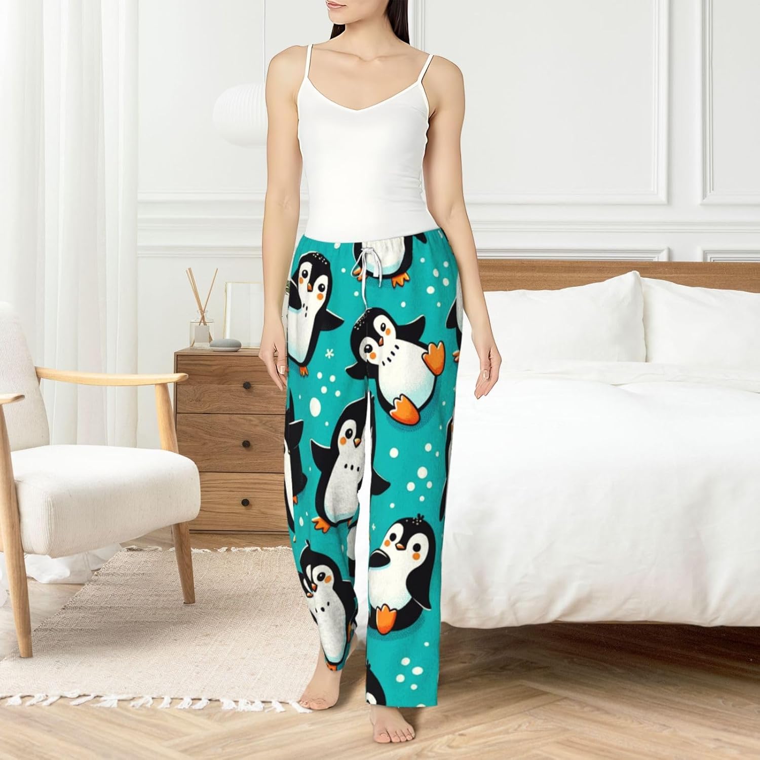 Women'S Funny-Cute-Penguins Fleece Pajama Pants, Cozy Flannel Lounge Bottoms For Women