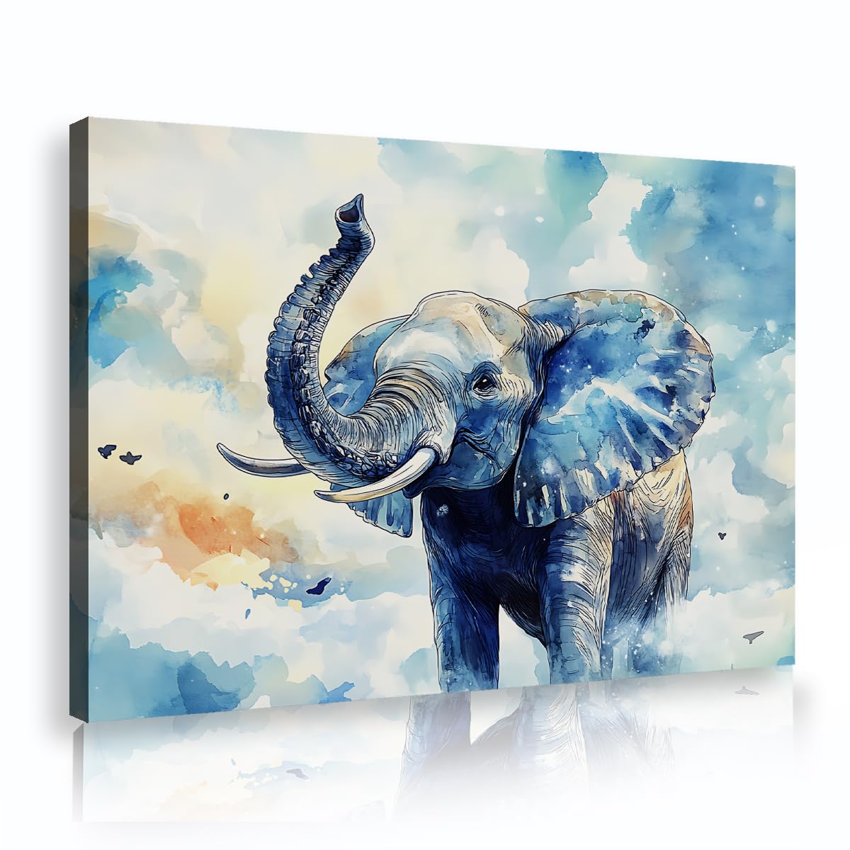CHERHERART Blue Watercolor Elephant Canvas Picture Dreamy Sky & Birds Poster Prints Lucky Whimsical Animal Canvas Wall Art for Bedroom Nursery 80x120cm Innerframe
