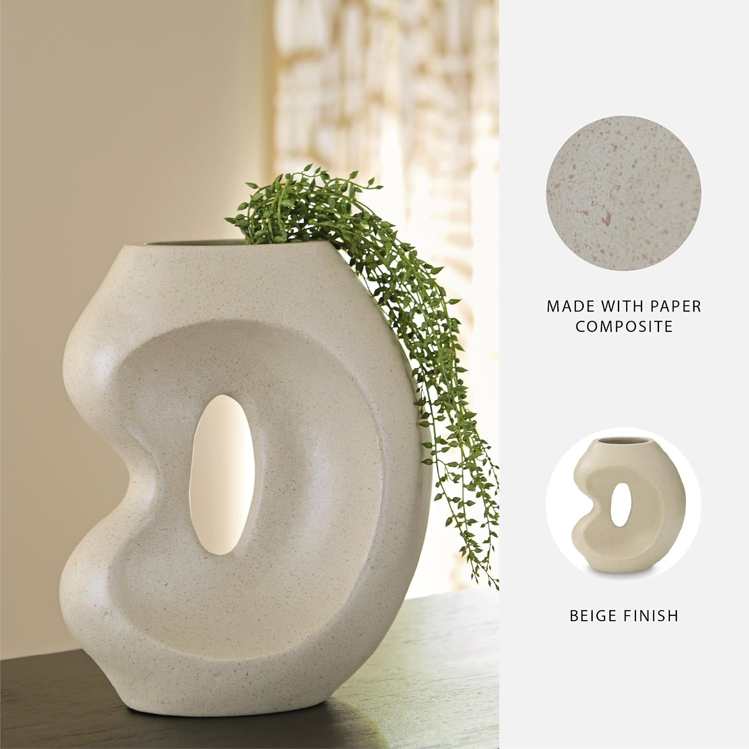 Signature Design by Ashley Odion Large Tall Vase, Stone Beige Centerpiece | Large paper composite construction, Not watertight, Stone beige finish, Organic modern style, Dry displays only