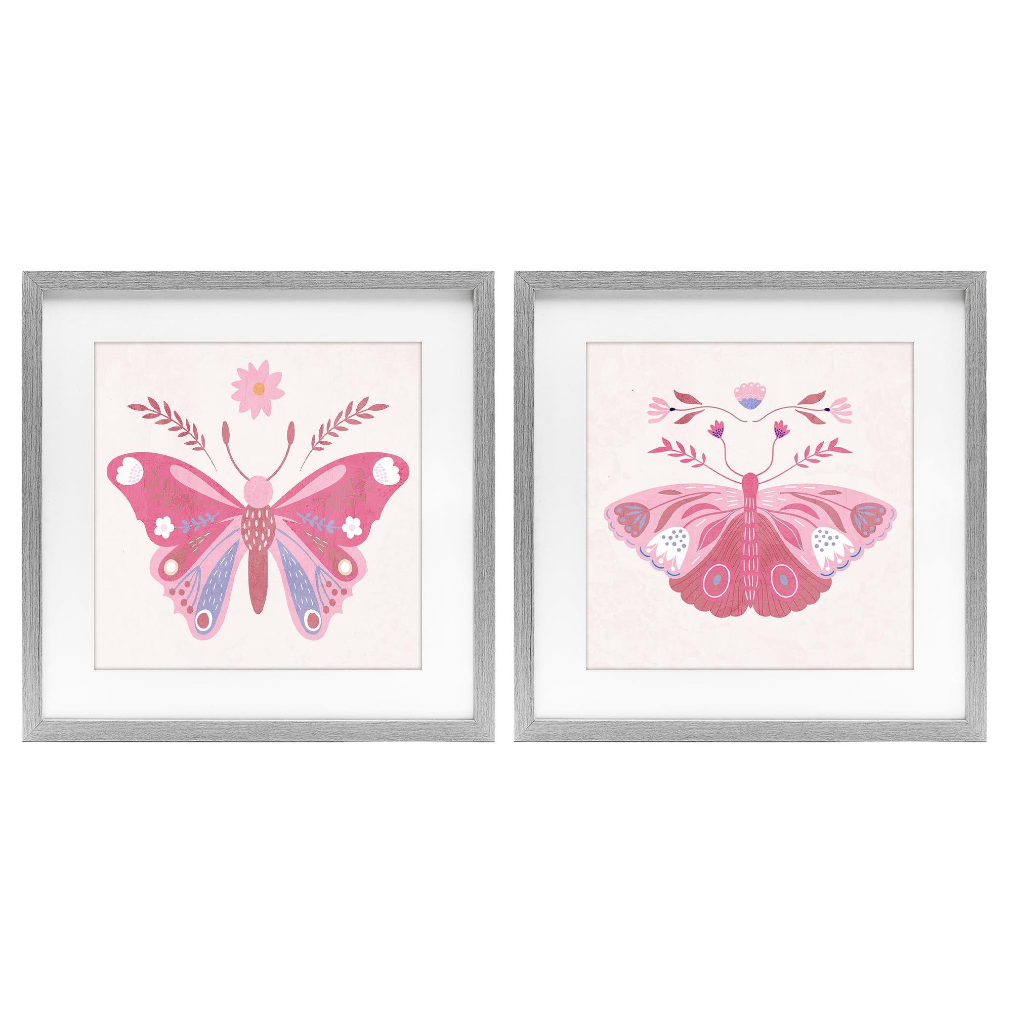 Stupell Industries Farmhouse Gray (Textured) Pink Folk Butterflies Boho, 16 X 16 Inch Framed Print Under Glass Set