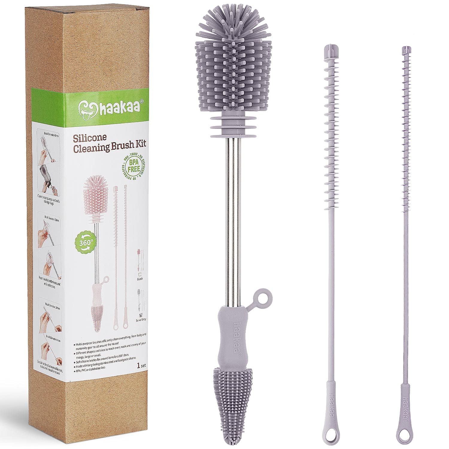 Haakaa Grey Silicone Multifunctional Cleaning Brush Kit (Gray) - Bottle Brush For Breast Pumps, Breast Milk Collector, Baby Bottles, Nipples, Breastmilk Storage Bags