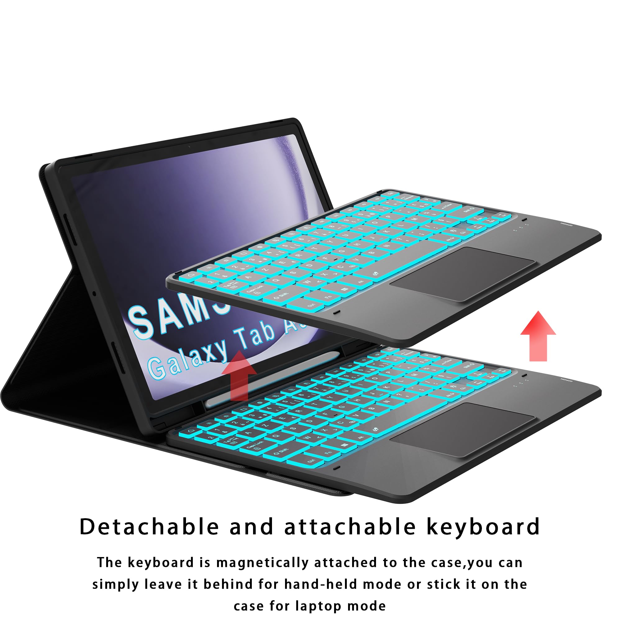 Étui Clavier pour Samsung Galaxy Tab A11 Plus/A9+ 11 Pouces - 7 Couleurs Rétroéclairées Amovible Tablette Coque Sans Fil avec Pavé Tactile – Tab A9 Plus 11" Rechargeable AZERTY Français Clavier Noir