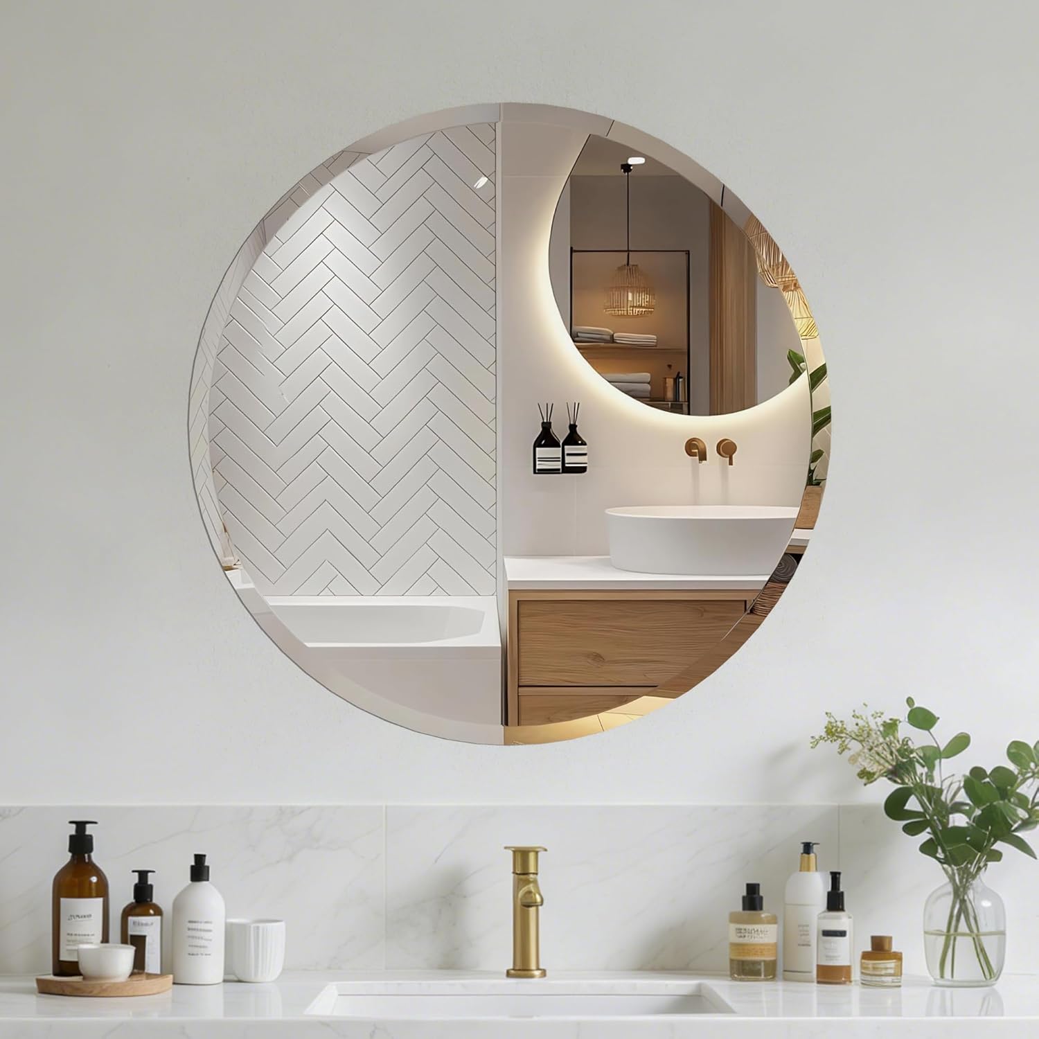Round Bathroom Mirror, 18 inch Round Frameless Mirror,Frameless Bathroom Mirror, Suitable for Bathroom, Hall, Entry, Modern and Elegant Look (18inch)
