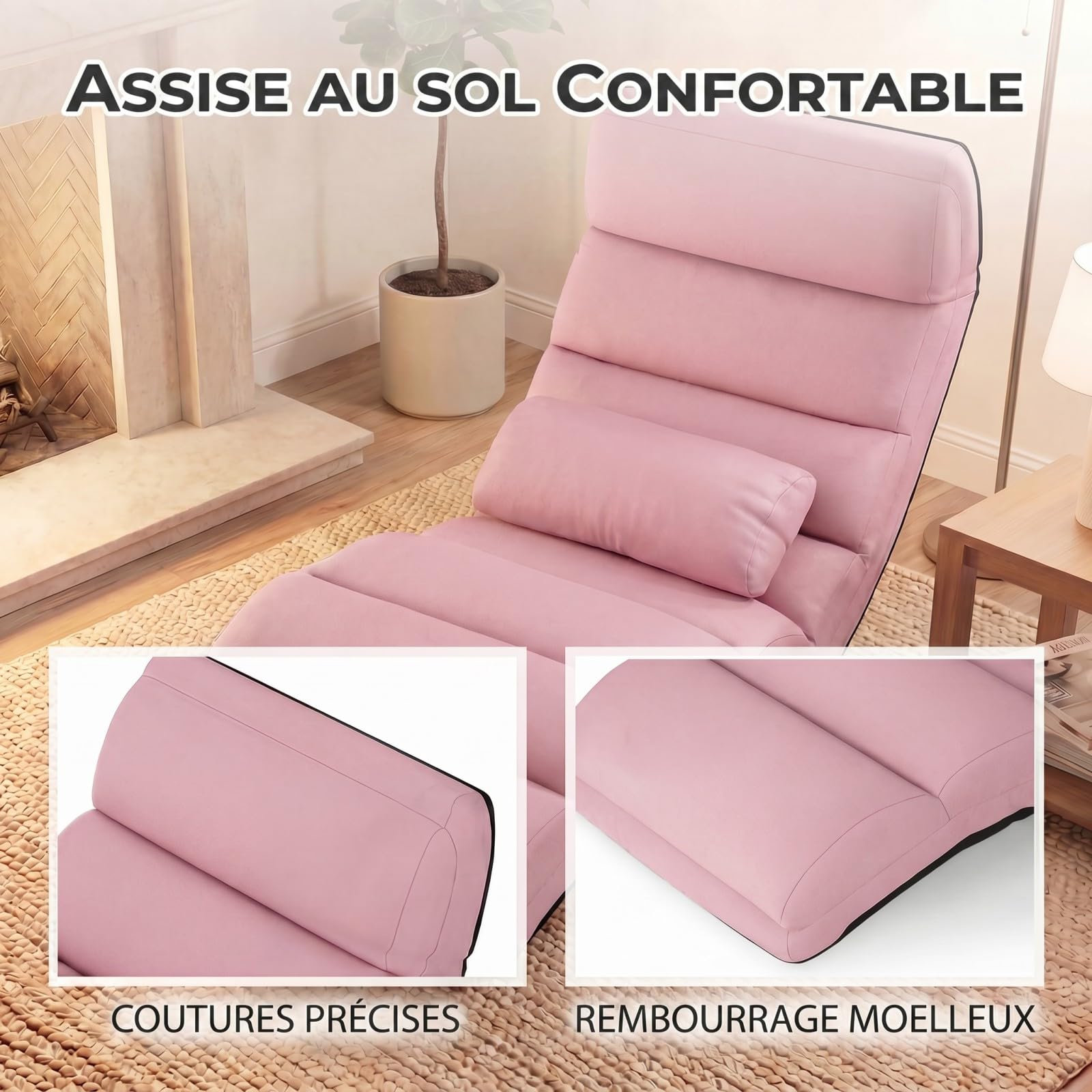 SOARS Fauteuil Salon Relaxant au Sol 5 Positions, Chaise Longue en Daim & Éponge avec Oreiller Rembourré & Repose-Pieds Réglable, Charge 120KG, Méridienne Convertible Bureau Terrasse Chambre (Rose)
