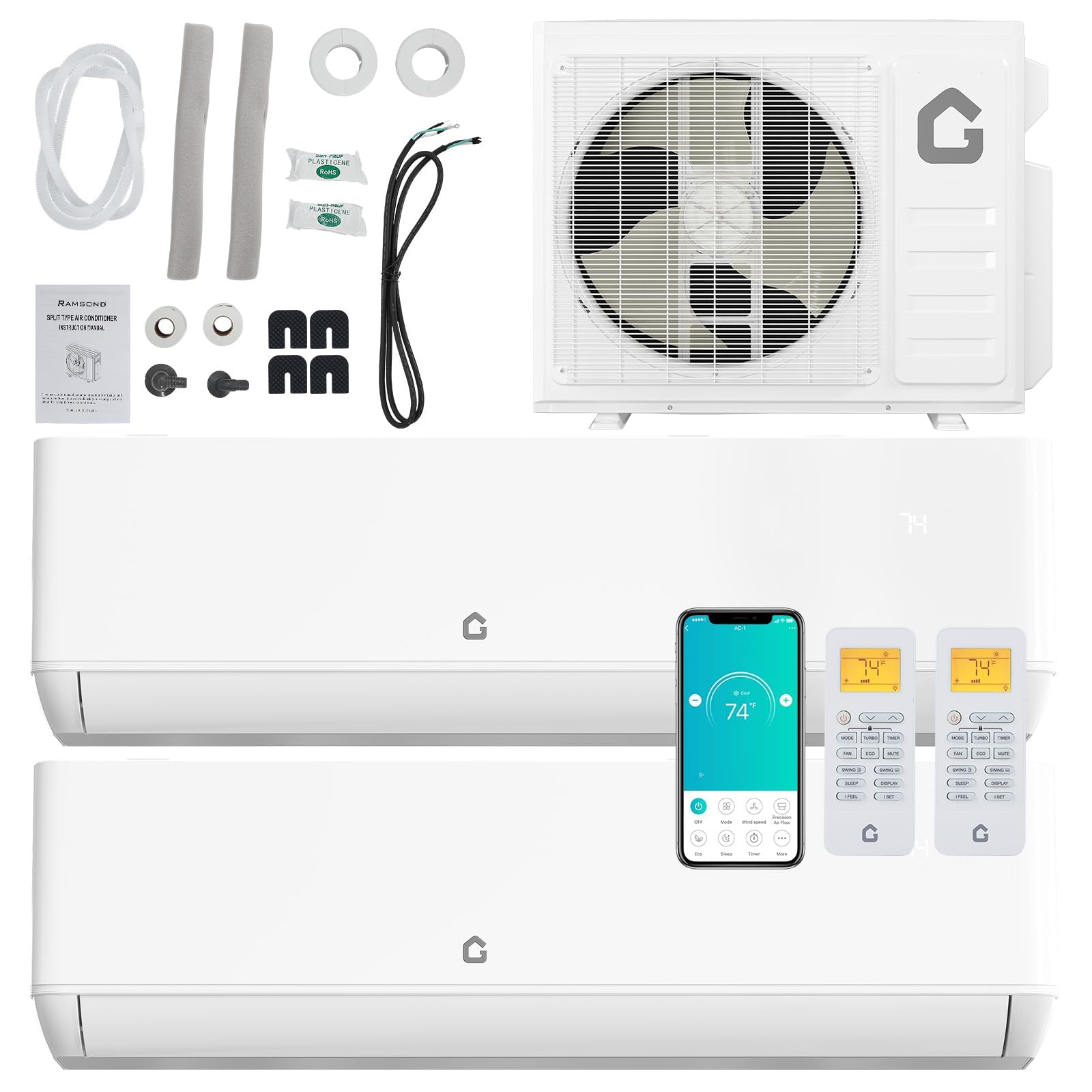 18K Dual 2 Zone Mini Split AC/Heating System,24 Seer2 12000 BTU+ 12000 BTU Mini Split 2 Zone,Wifi Enabled,208-230V Cools Up To 1500 Sq.Ft