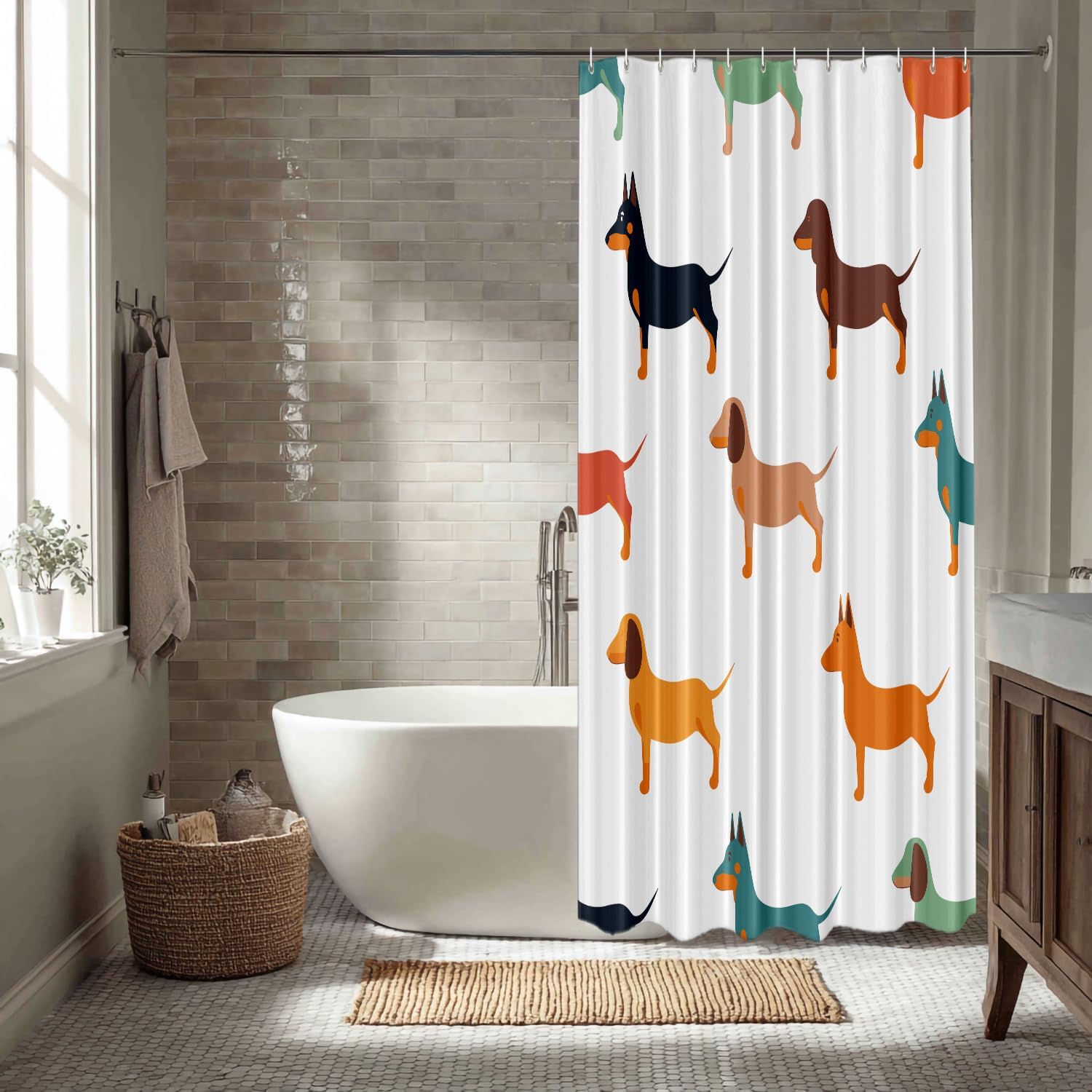 Cute Dachshund Decor Shower Curtain Set,Dog Small Puppies Textile Animal Hunter Polyester Shower Curtain for Shower Stall Bathroom Waterproof with 12 Hooks 72x72 Inch