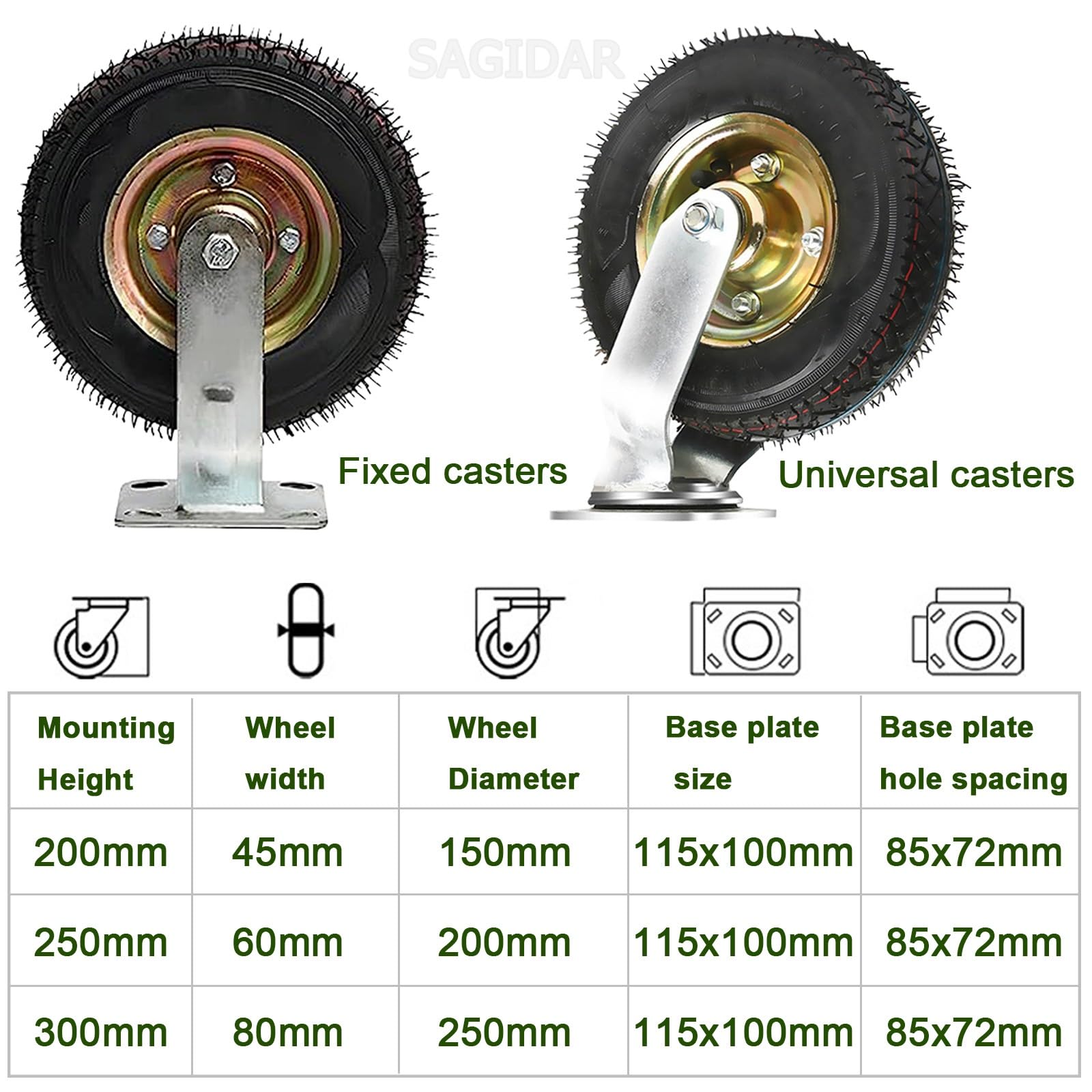 Luftreifen Gummi Rollen, 4 Schwerlastrollen Pannensichere, Luftreifen Gummiräder Industriell Rad Ø15/20/25cm, Gummi Bockrolle Tragkraft 150Kg, Für Möbelroller Transportroller, Werkbank Rollen