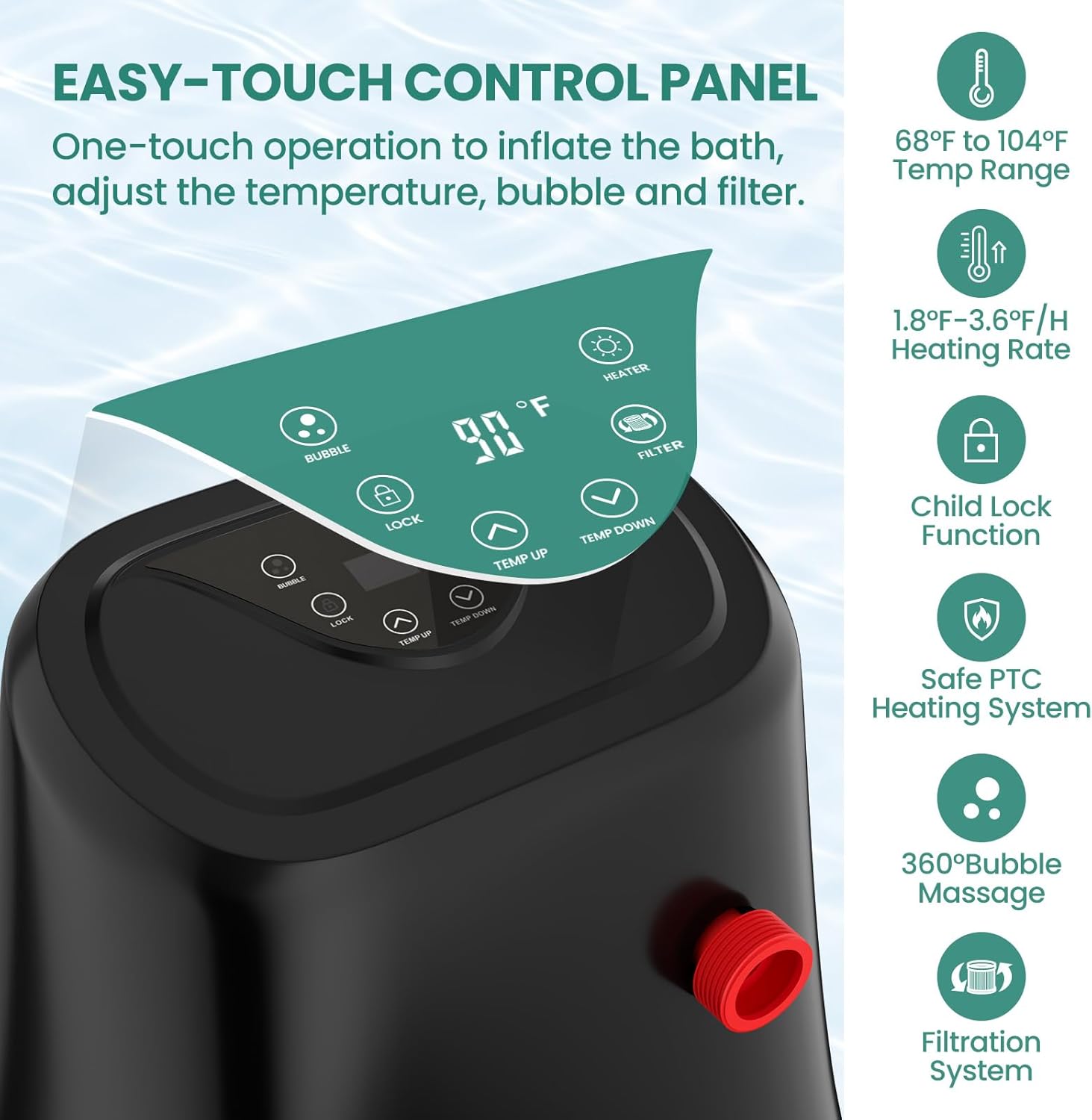 Close-up of the DoCred heater pump's easy-touch control panel showing buttons for bubble, lock, temperature up/down, heater, and filter, with a digital temperature display of 90 degrees Fahrenheit.