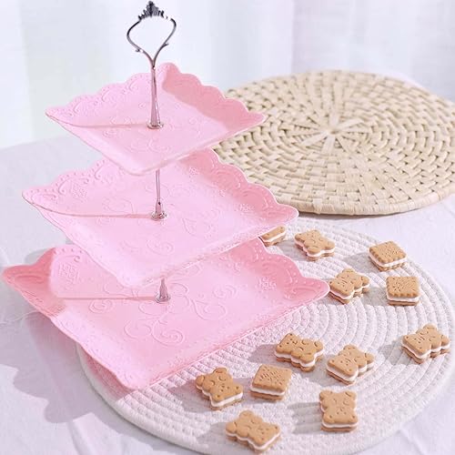 Miniatura 6 de Efavormart - Soporte para magdalenas con estampado floral de 3 niveles, soporte cuadrado rosa para postres con bordes ondulados, plástico
