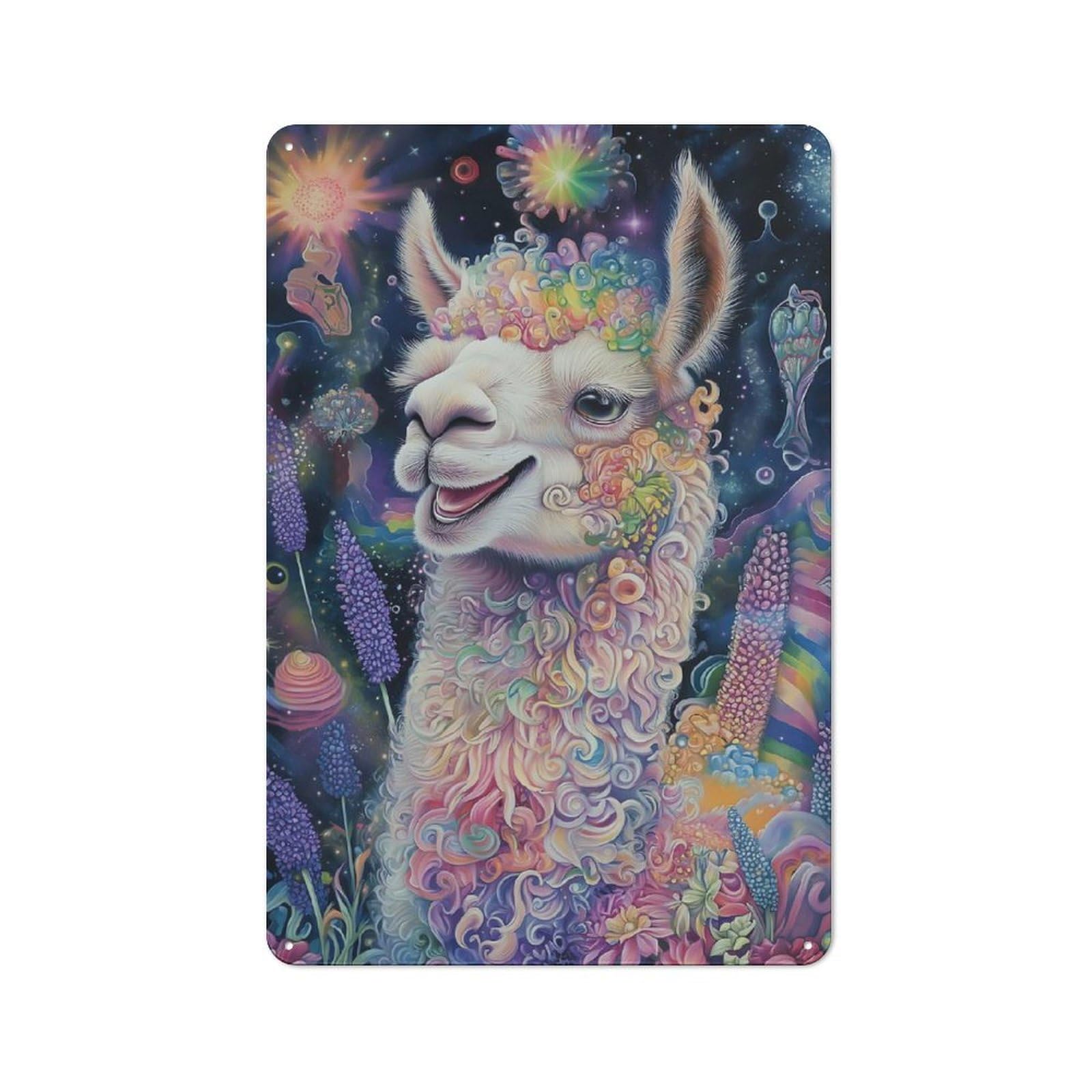 Metal Sign 30x20cm with Floral Llama - Vibrant Fine Art Portrait for Hallway Wall, Rustic Decor, for Wall Display Collectors