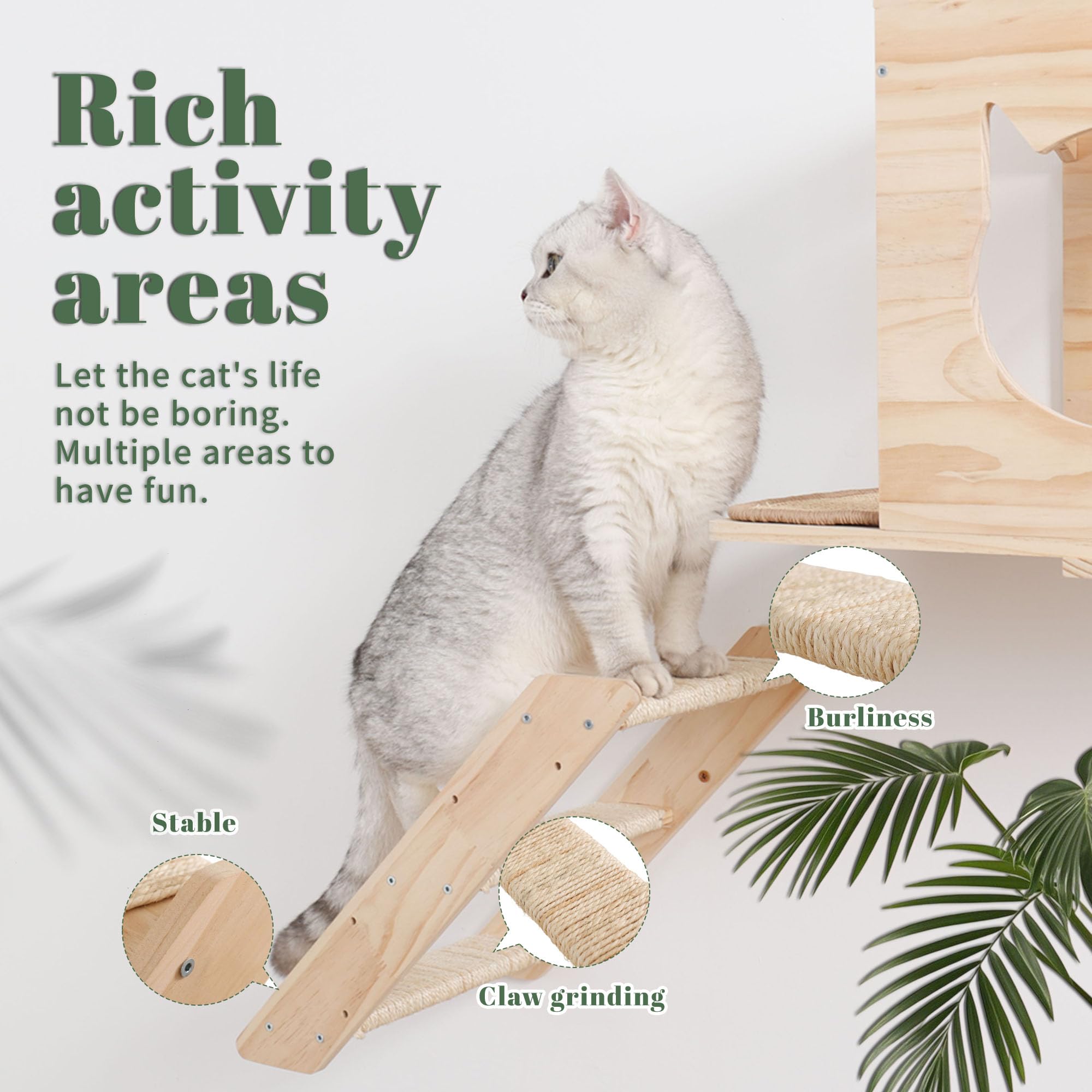 Set di mensole da parete per gatti, con casa, tiragraffi in sisal, gradini per arrampicarsi, in legno massello, per interni, design salvaspazio