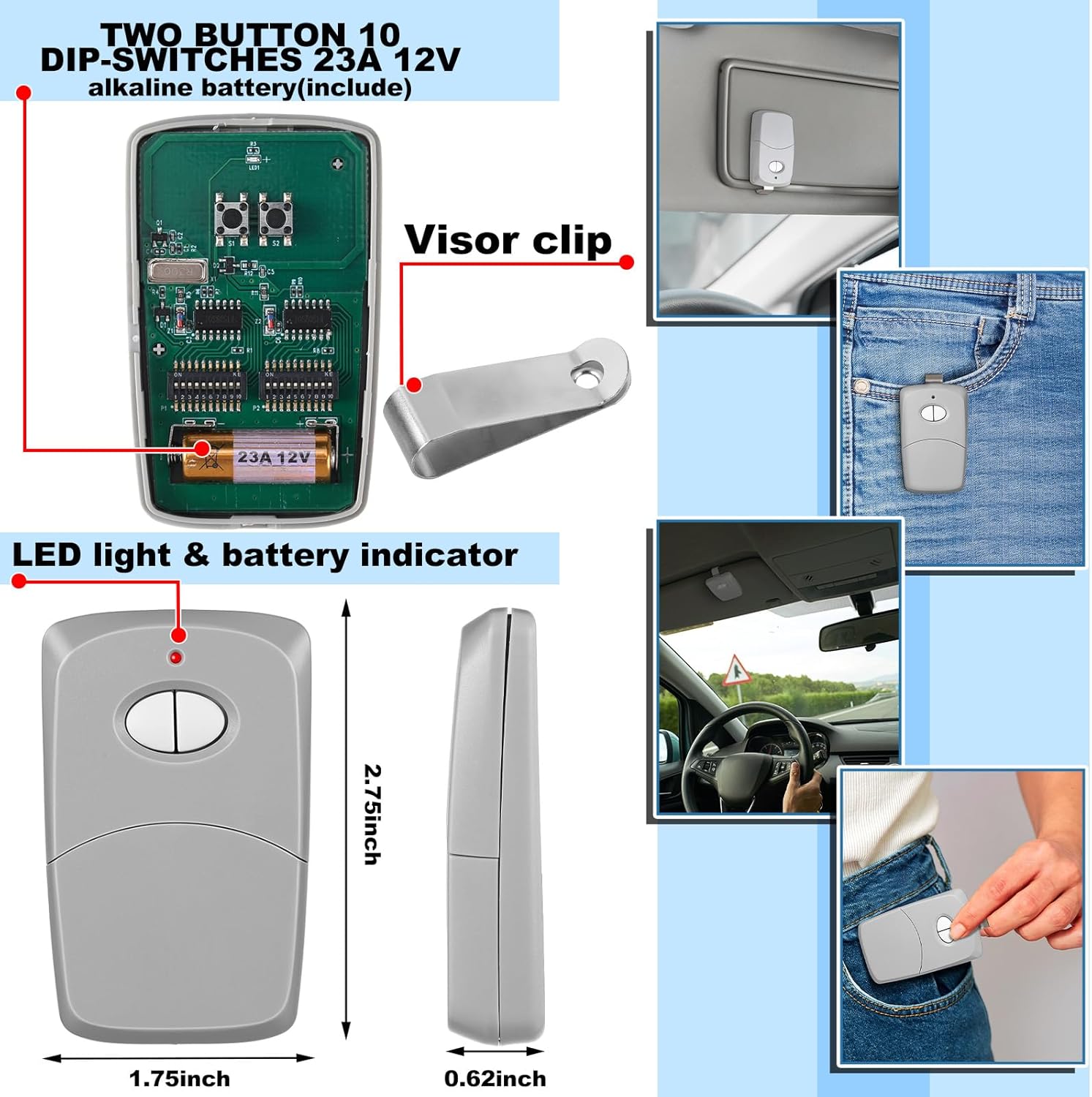 Kingdder 6 Pcs Two Button Gate Remote Control Compatible with Linear Multicode 10 Dip Switch Garage Door Remote Opener 3089 3060 3070 3083 300mhz, Control 2 Different Doors Simultaneously (Grey)