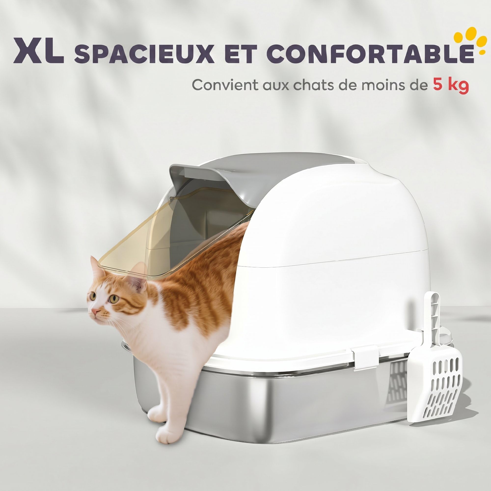 PawHut Bac à Litière pour Chat en Acier Inoxydable XL avec Couvercle Blanc