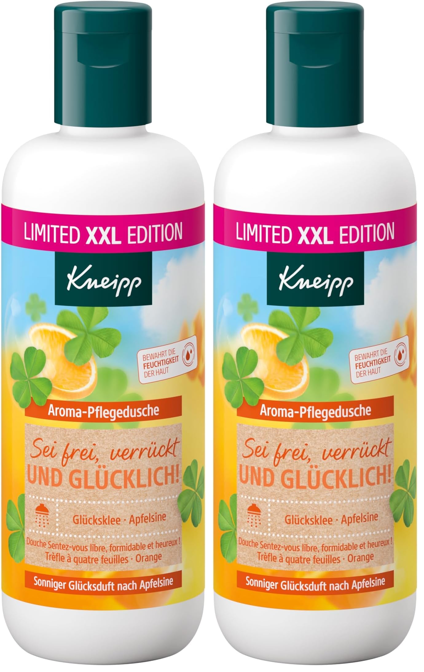 Kneipp XXL Duschgel Sei frei, verrückt und glücklich! - Sonniger Glücksduft nach Apfelsine - Rezeptur ohne Mikroplastik - 400ml (Packung mit 2)