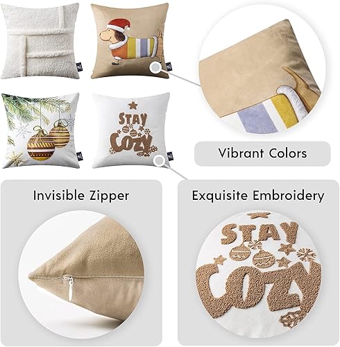 Miniatura 6 de Phantoscope Paquete de 4 fundas de almohada decorativas de sherpa suave y terciopelo con estampado de cachorro de Feliz Navidad, fundas de cojín