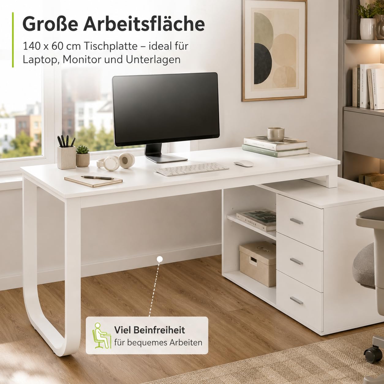 Schreibtisch Weiß mit 3 Schubladen und Regal, Computertisch mit Stauraum, Arbeitstisch für Homeoffice, Jugendzimmer und Büro, 140 x 105 x 75 cm