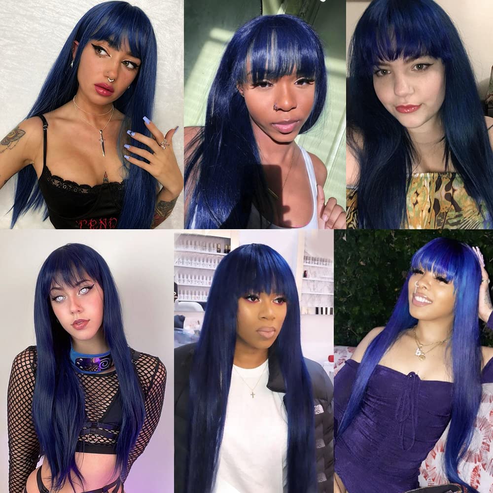 QD-Tizer Dark Blue Synthetic Hair Wigs with Full Bangs Blue Long Straight Women's Wig Heat Resistant Synthetic No Lace Wigs for Fashion Women 24 inch