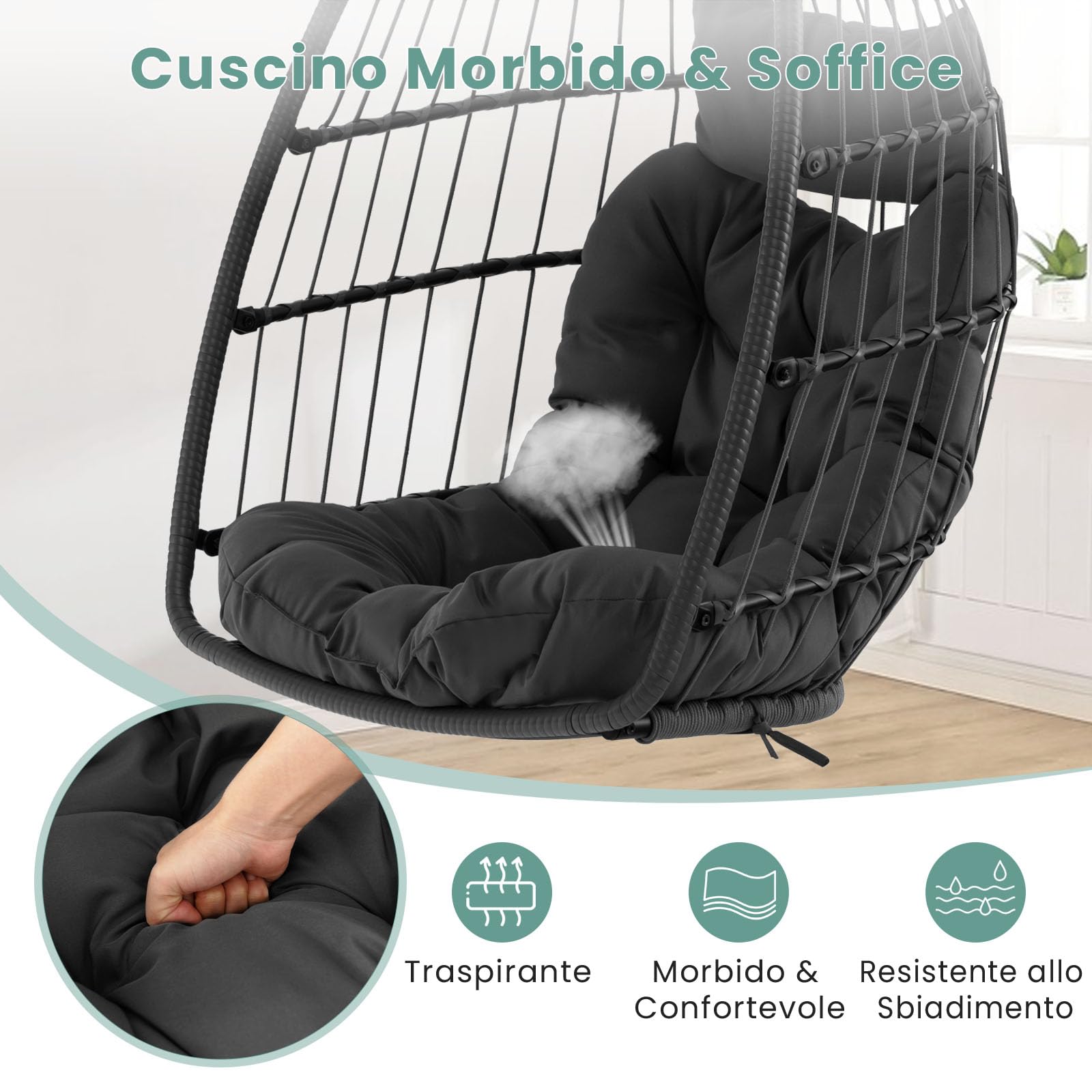 GYMAX Sedia a Uovo Sospesa, Sedia a Dondolo Senza Supporto con Comodo Cuscino per la Testa e Morbido Cuscino, Sedia a Uovo Sospesa in Vimini Pieghevole per Interni ed Esterni