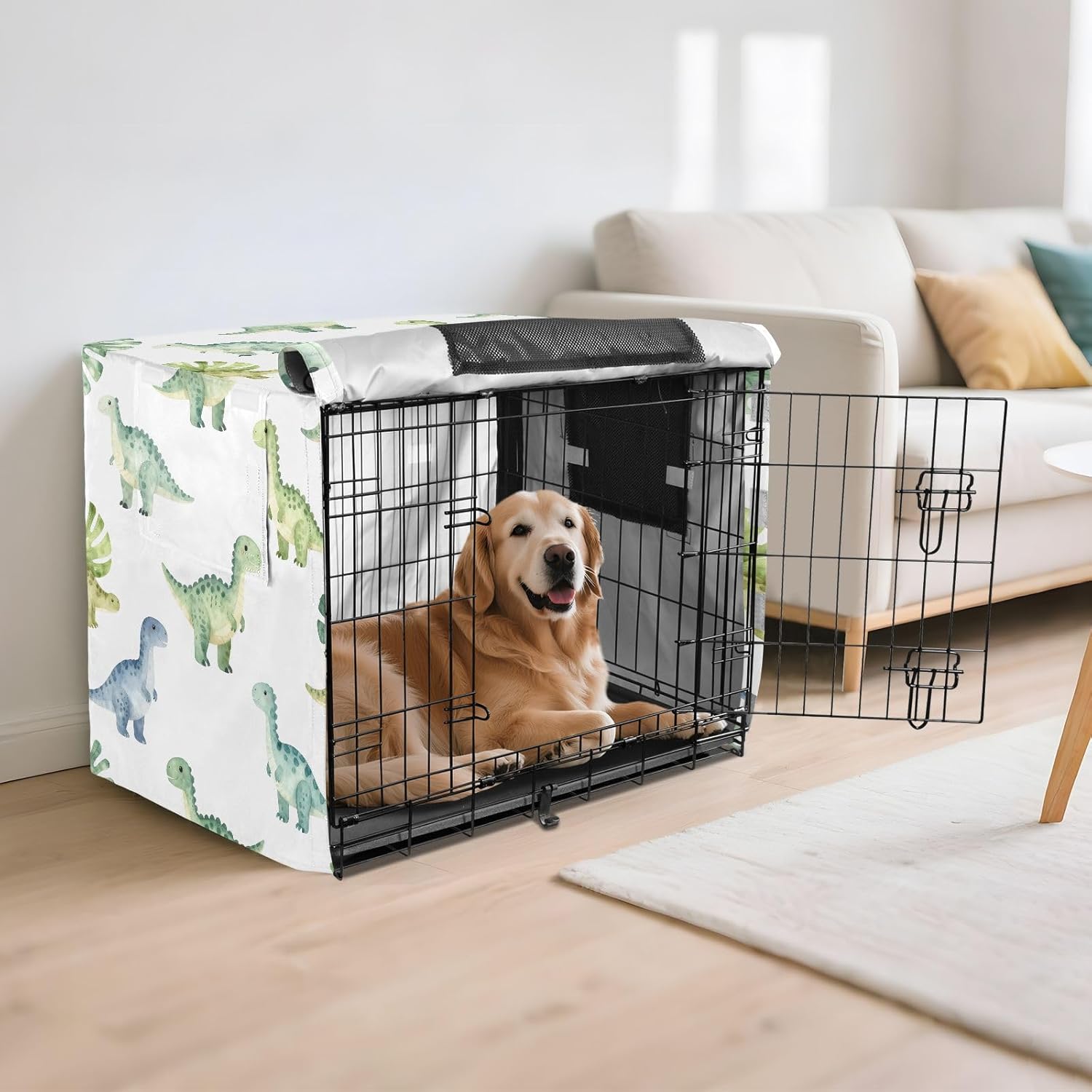 Tropical Dinosaurs Watercolor Dog Crate Cover 600D Oxford Pet Kennel Cover with Mesh Window for Dog Cages, Windproof Waterproof Machine Washable, 48"x30"x33"