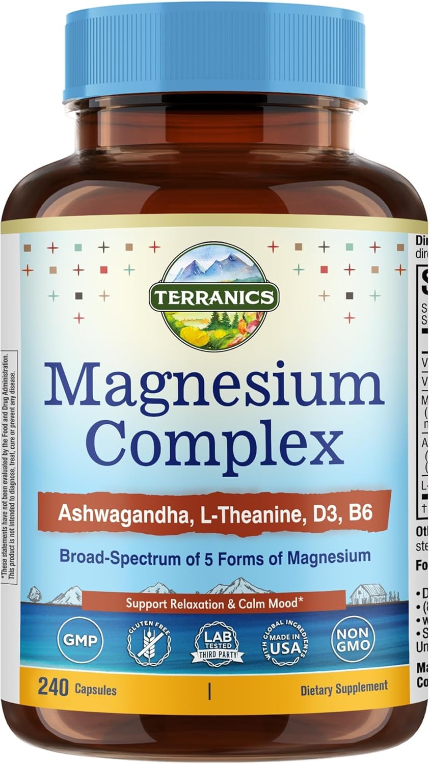 Terranics Magnesium Complex Supplement with Glycinate, Citrate, Taurate & Malate | Supports Nerve & Mood Health | Includes Ashwagandha, L-Theanine, Vitamin D3 & B6 | 240 Capsules | Non-GMO