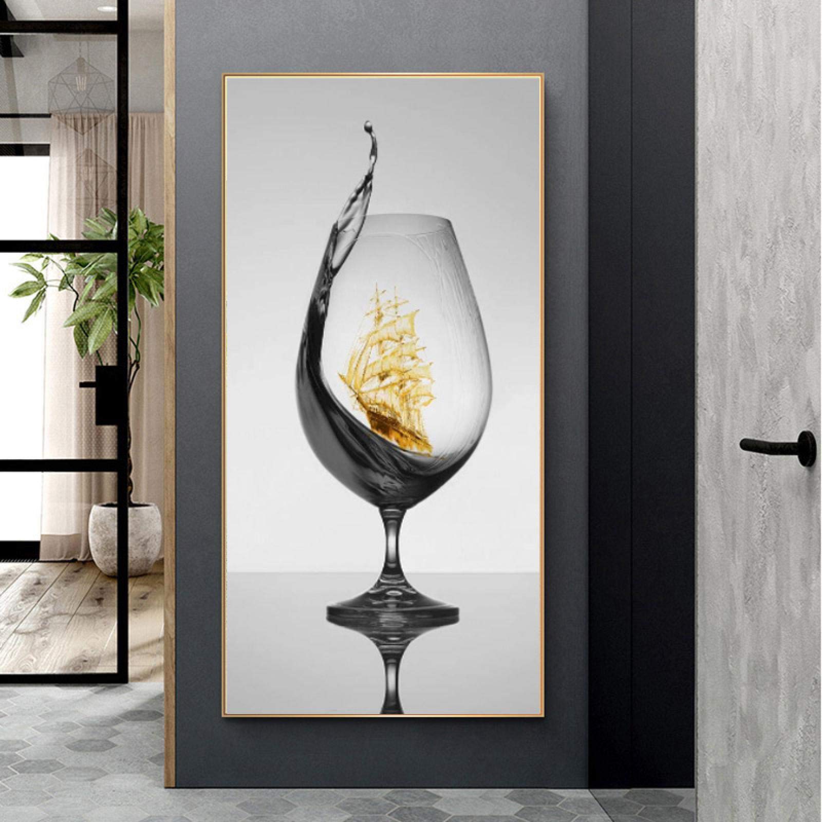 Cuadro de pared de arte de lienzo abstracto de vidrio moderno con velero para galería, comedor, decoración del hogar, carteles impresos, listo para colgar 45x90cm marco interior