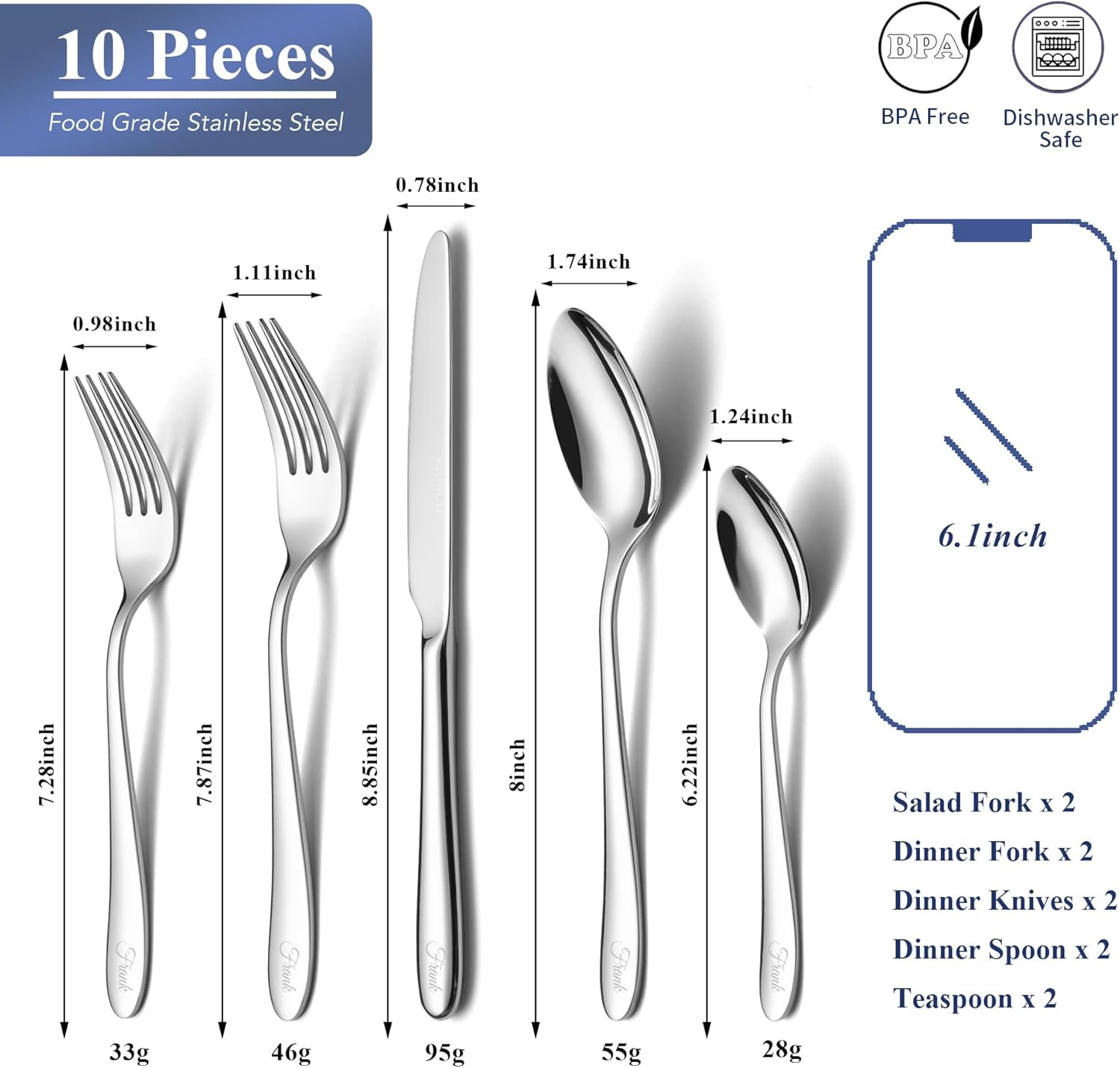 Personalized 10 Piece Silverware Set, EIUBUIE Custom Engraved Stainless Steel Flatware Set for 2 Mirror Polished Kitchen Cutlery Sets Include Upgraded Heavy Forks and Spoons Knives, Dishwasher Safe